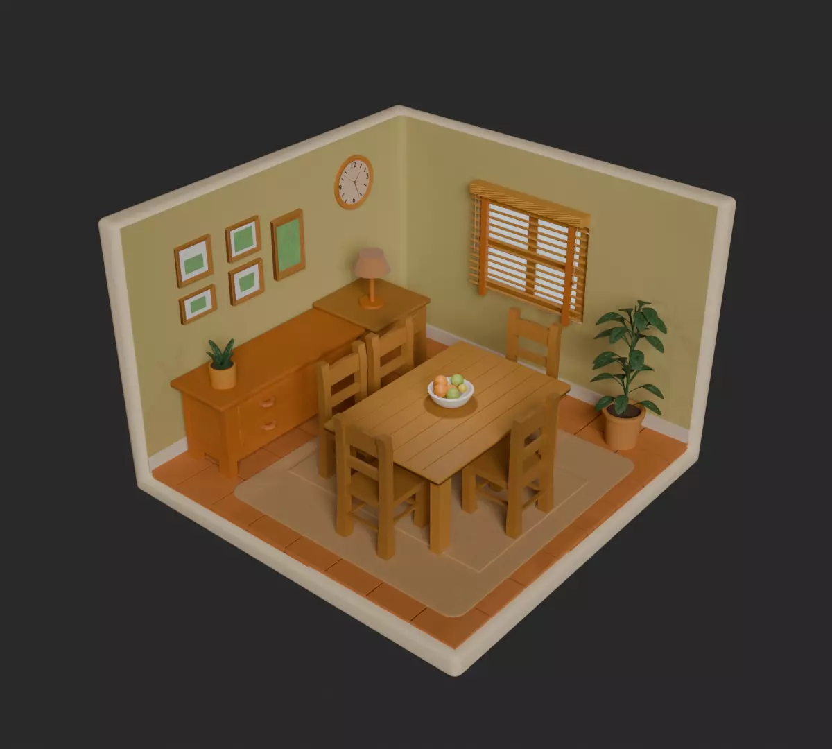 Stylized Isometric Dining Room - Low Poly Interior Low-poly 3D model