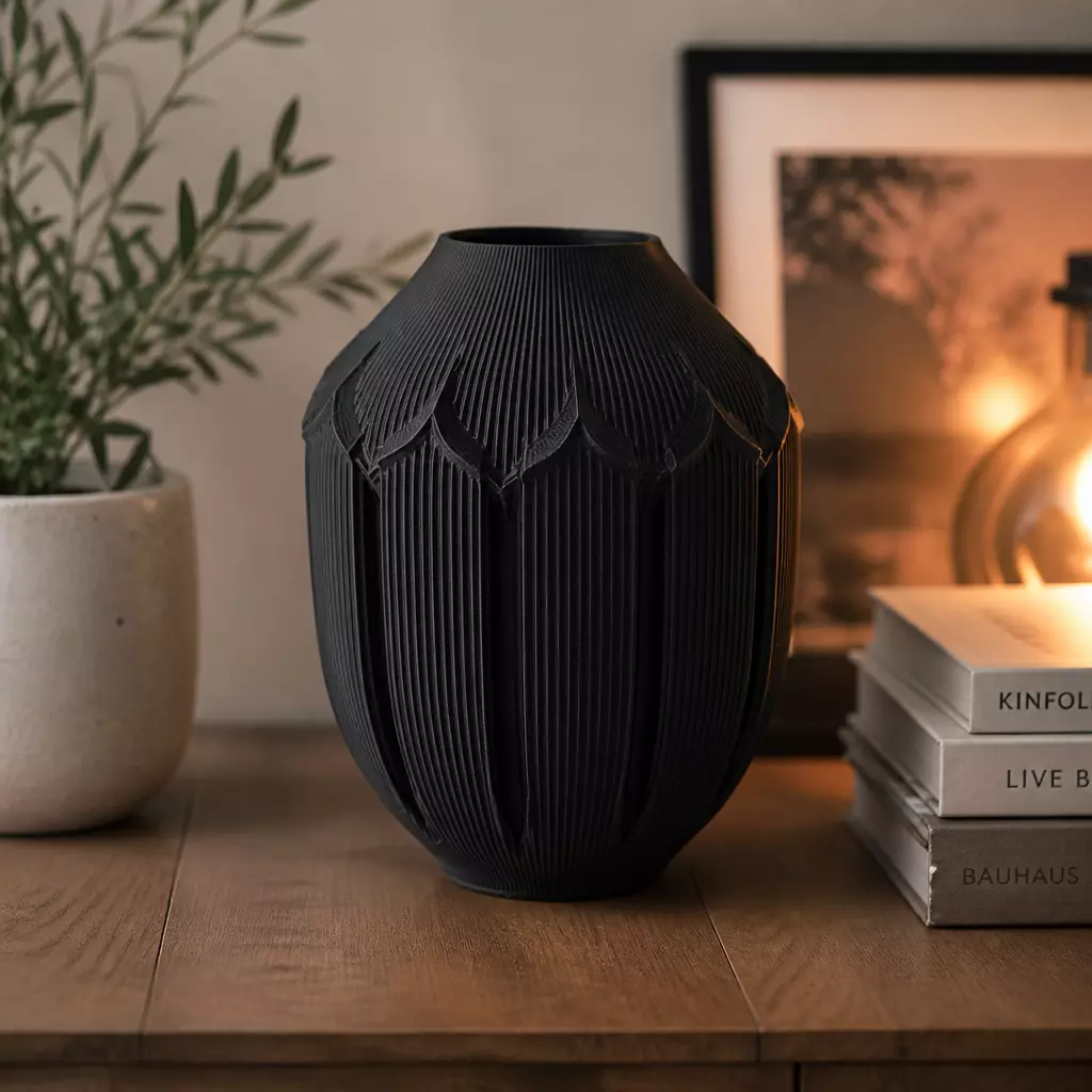 Black Ribbed Art Deco Vase - Modern Minimalist Decor Free 3D print model