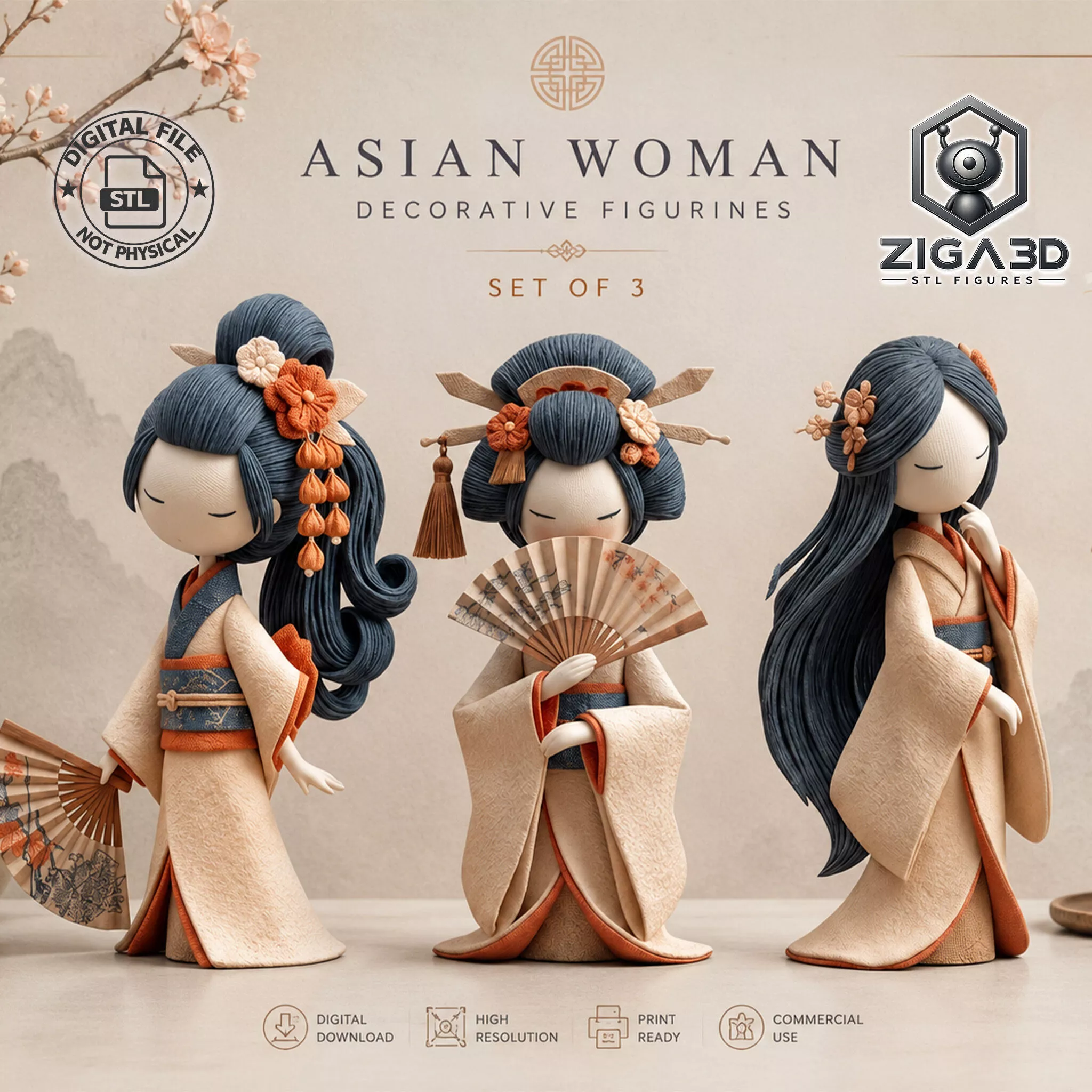 Asian Woman Decorative Figurines Set of 3 Modular 3D print model