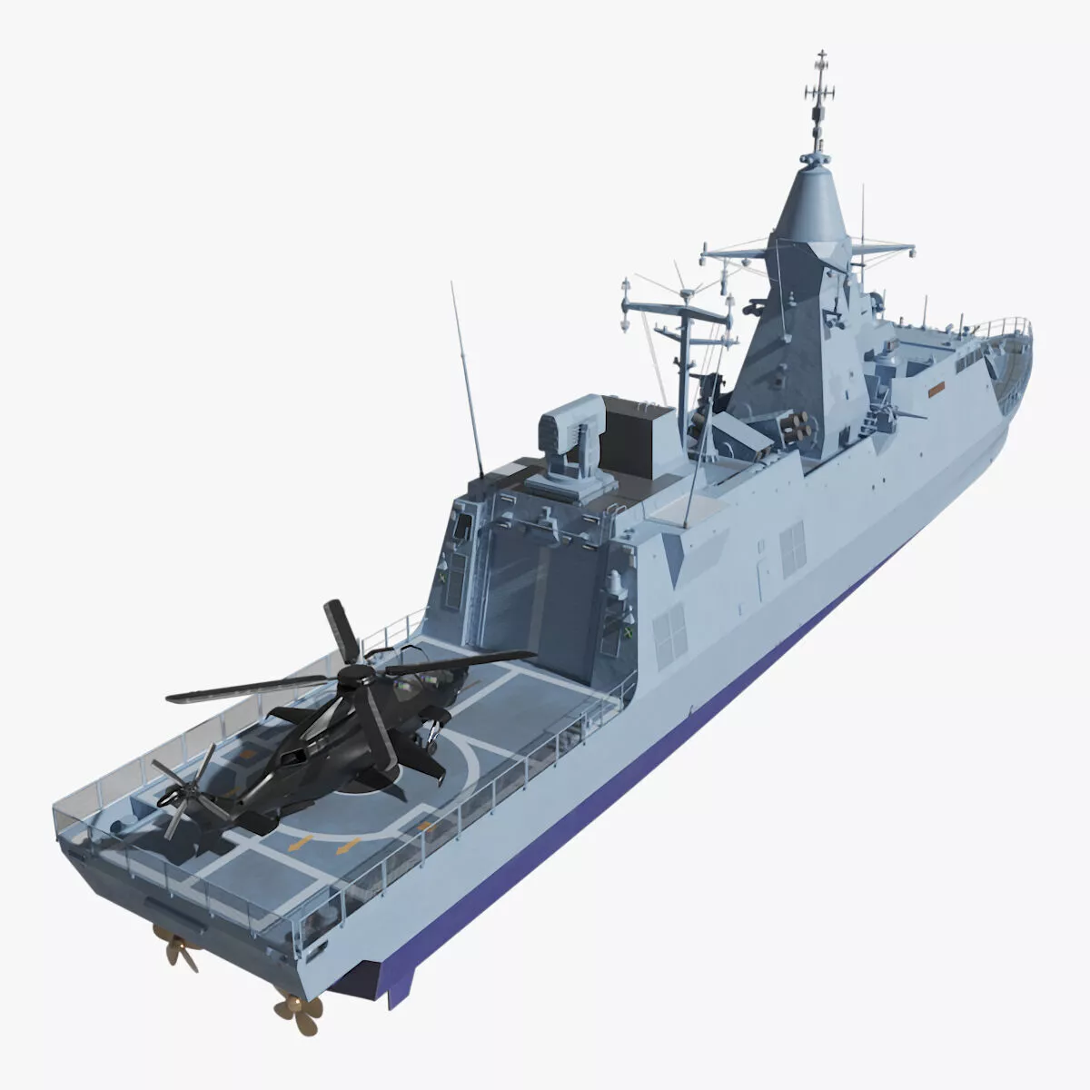 Corvette Class Ship with Attack Helicopter Rigged 3D model