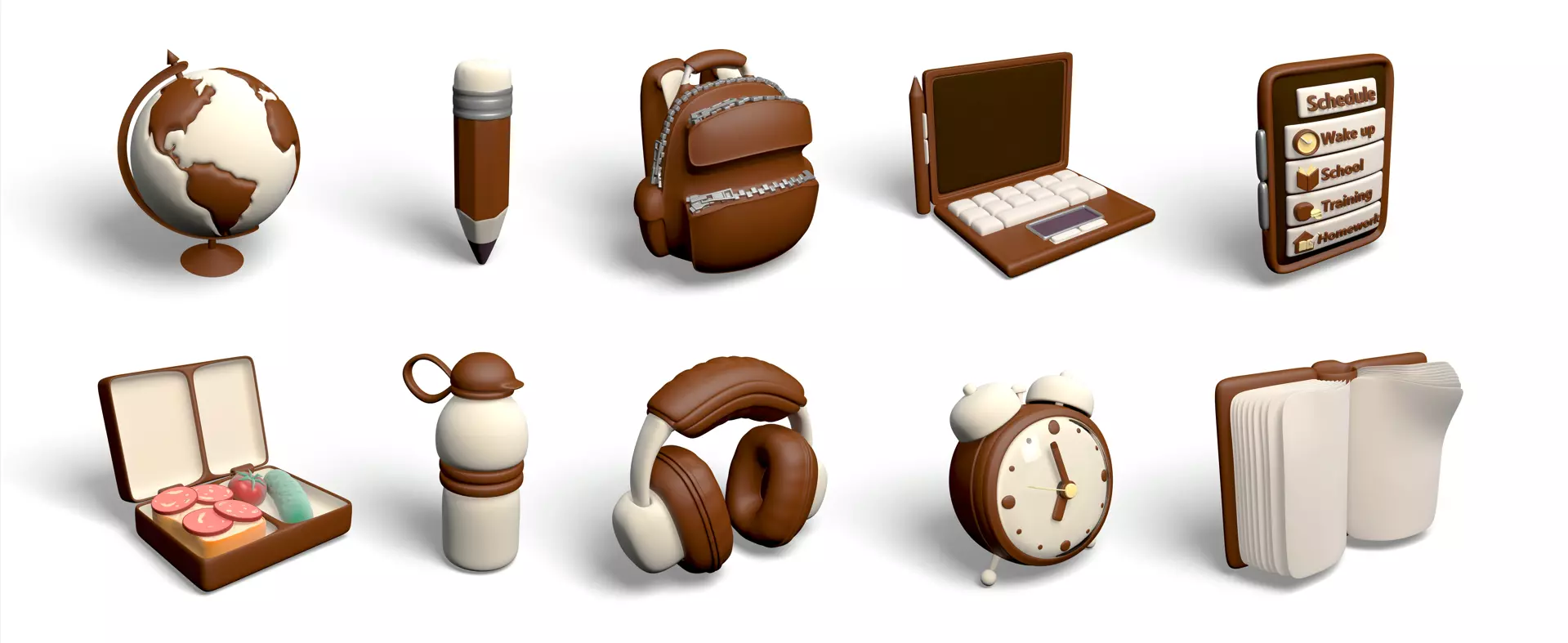 School 3d icon set with Backpack 3D model