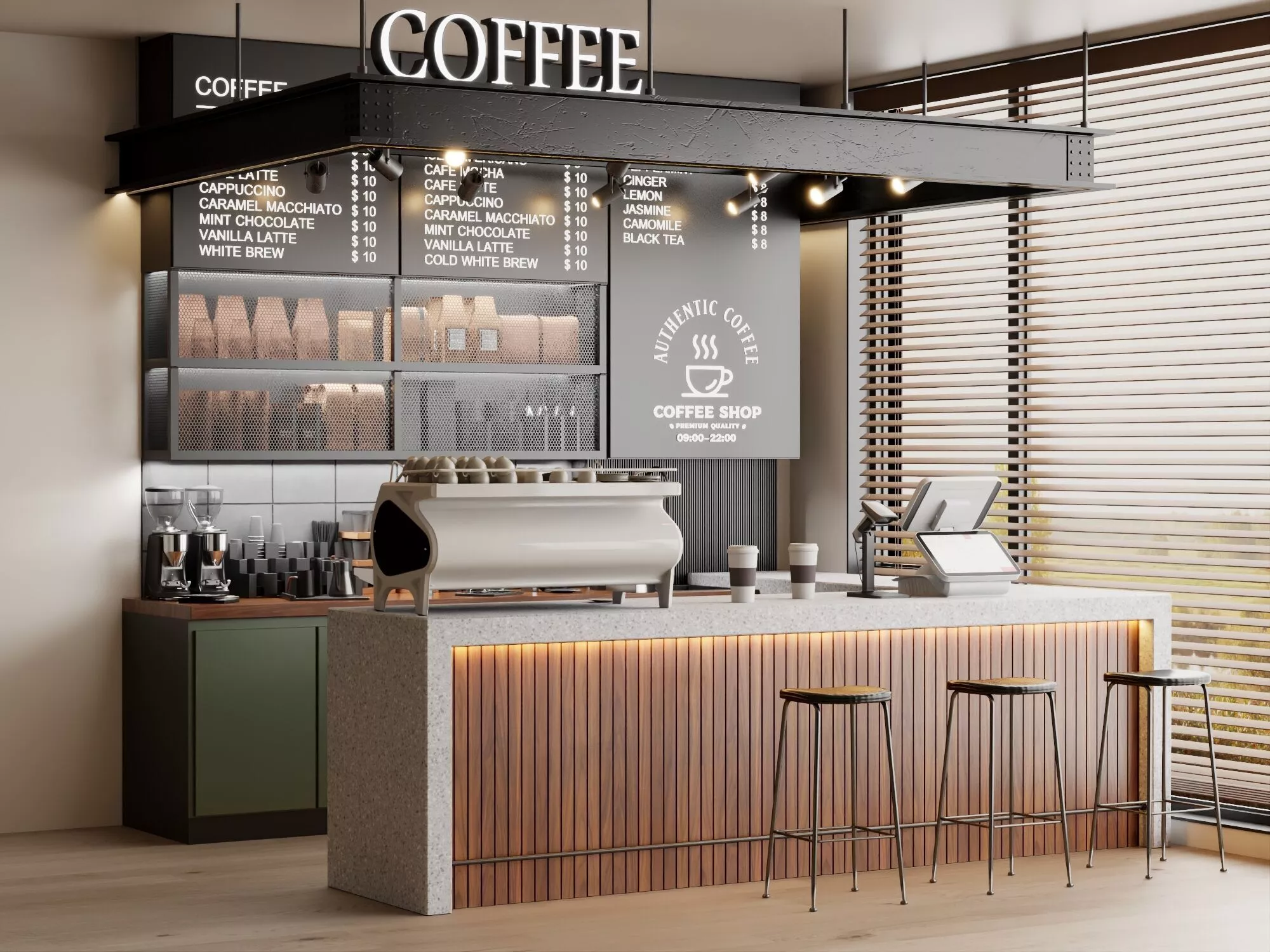 Modern Coffee Shop Counter Interior 3D Model 3D model
