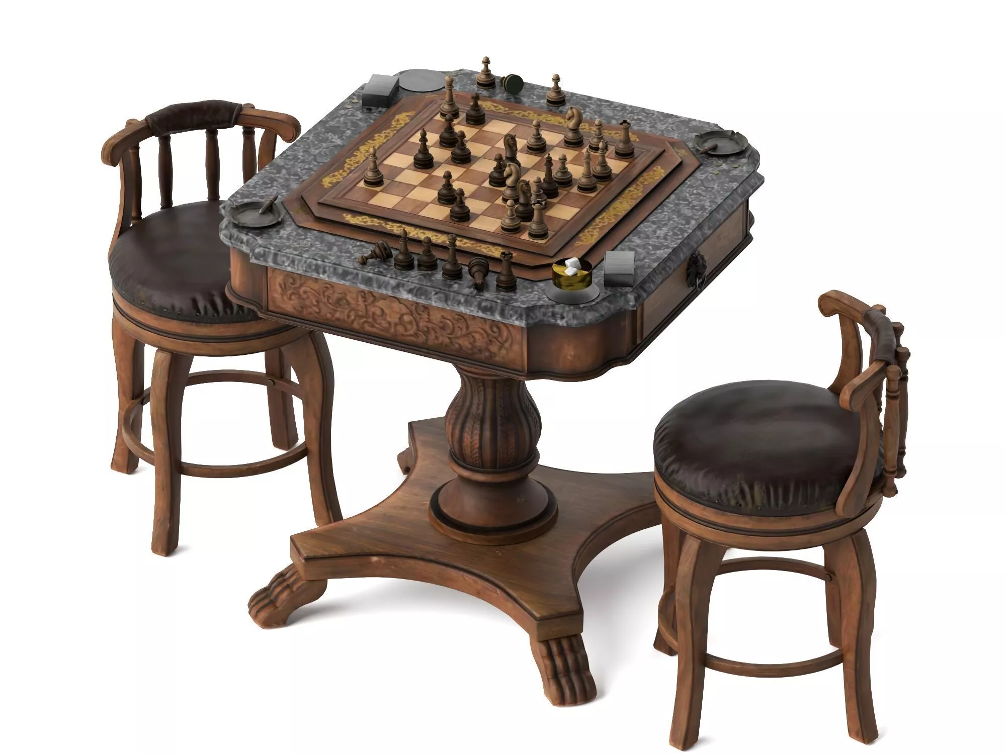 Classic Wooden Chess Table Chairs Set Low-poly 3D model