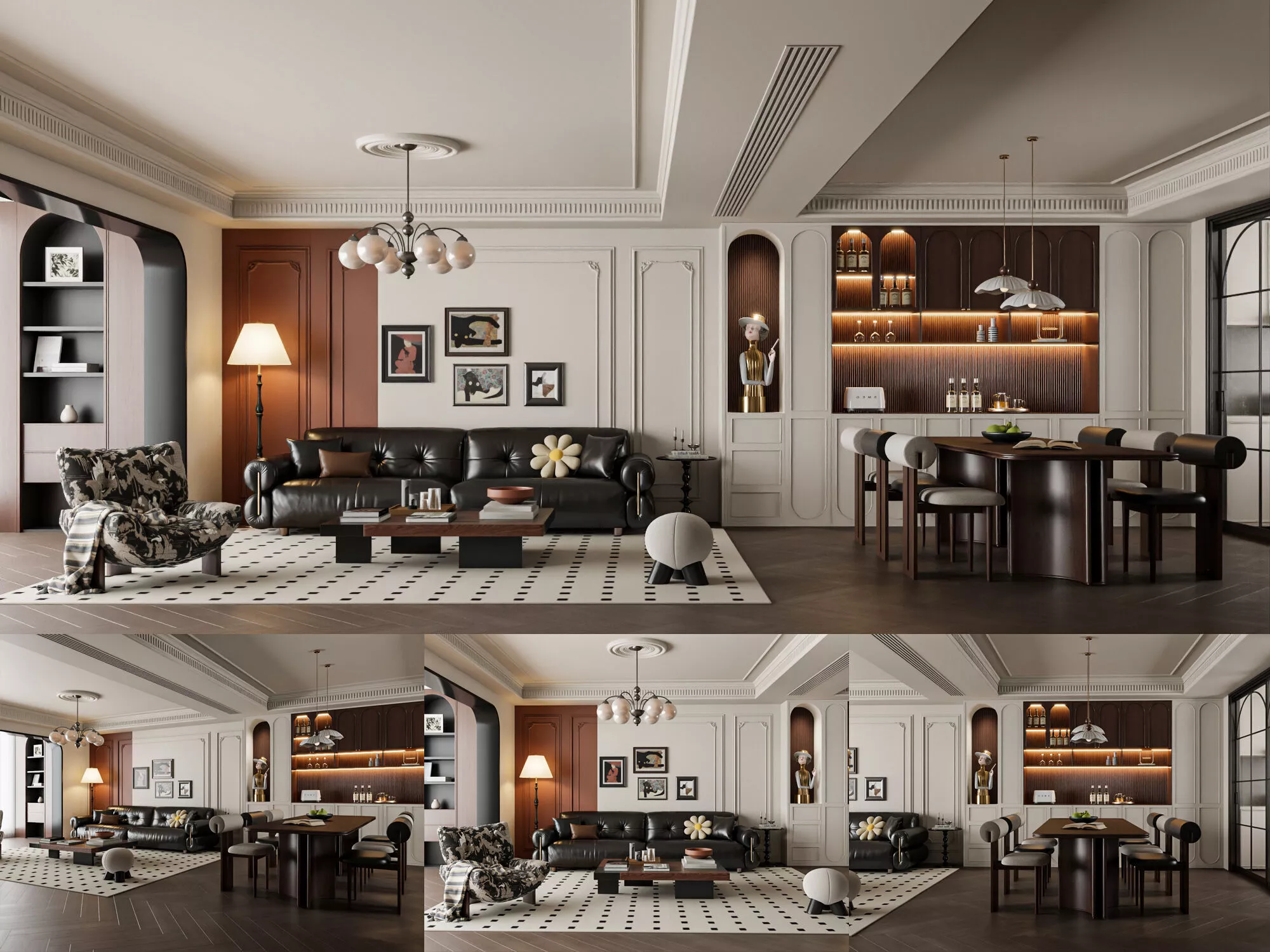 Retro Style Living And Dining Room Apartment Interior 3D Model 3D model