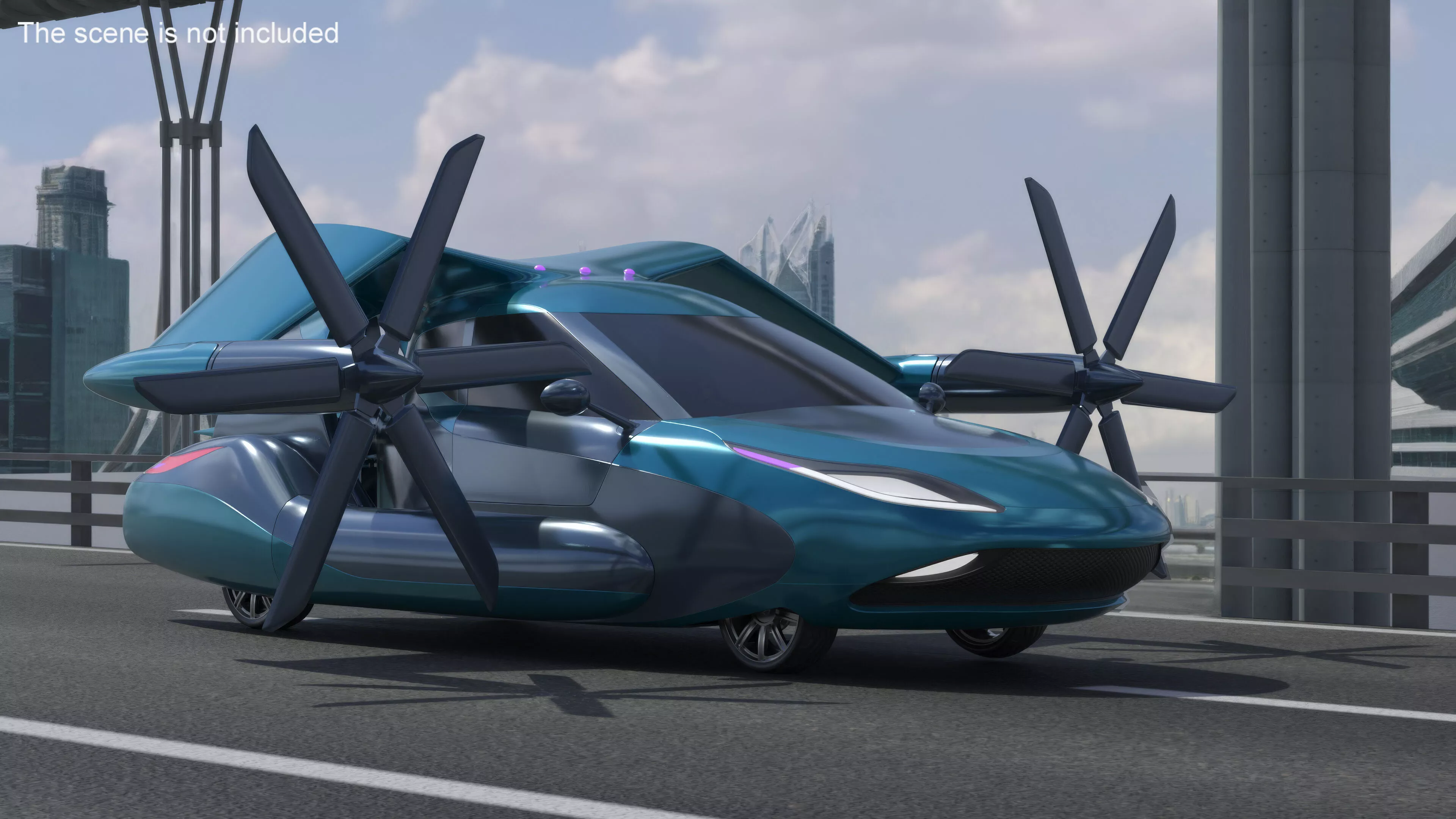 Concept Flying Car in Turquoise Color with Propellers Rigged 3D model