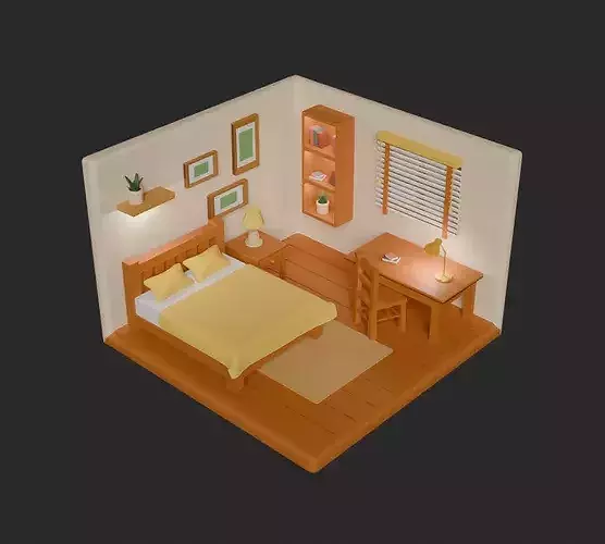 Stylized Isometric Bedroom - Low Poly Game Ready Interior