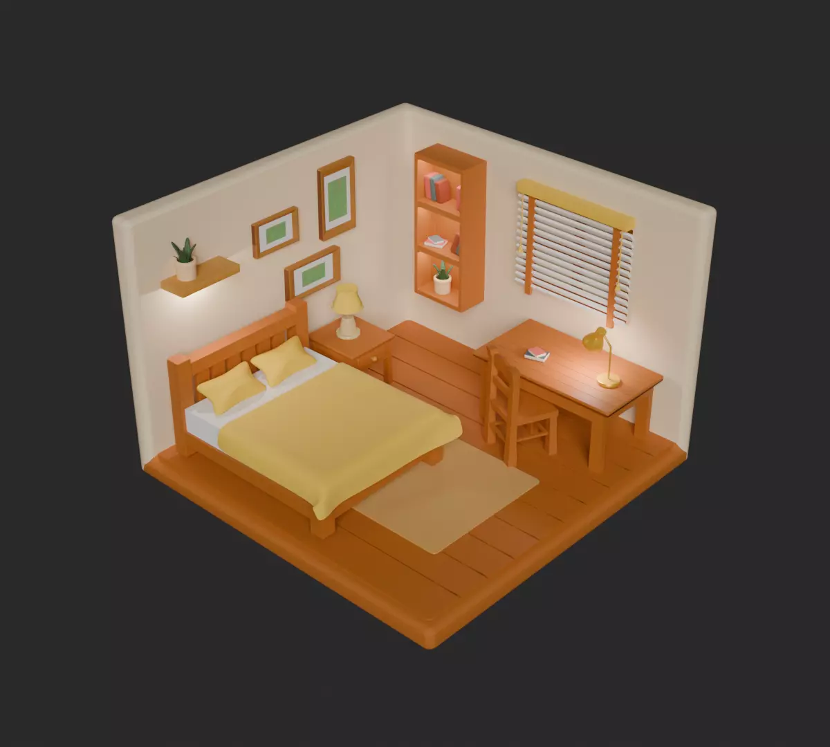 Stylized Isometric Bedroom - Low Poly Game Ready Interior Low-poly 3D model