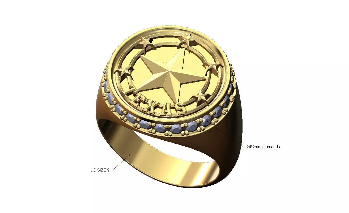 Texas star diamond halo round signet US size 9 3D print model