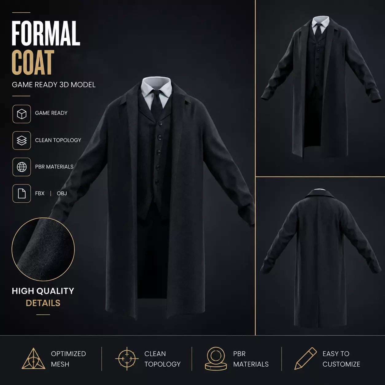 Formal Coat - Game Ready PBR Low-poly 3D model