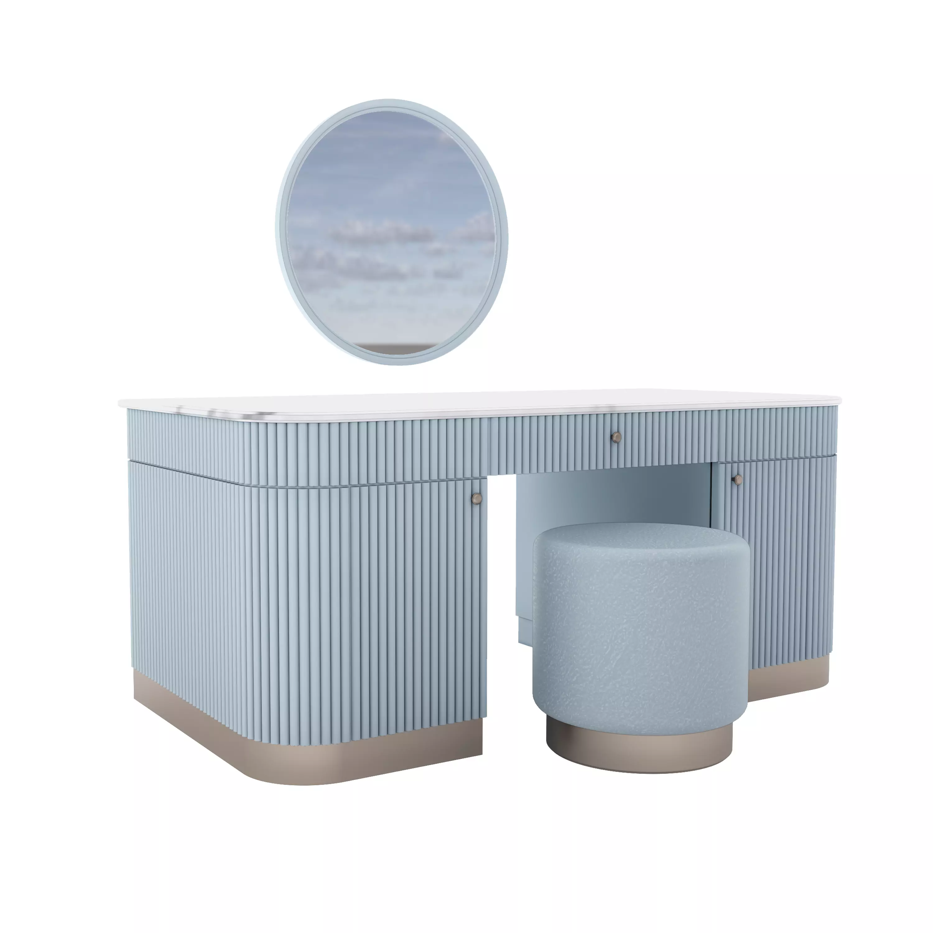 Modern Fluted Pastel Blue Vanity Desk with Round Mirror Stool Free 3D model