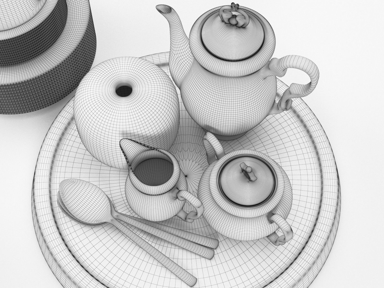Tureen Stacks of Plates Cutlery and Cage Tea Set 3D model_2