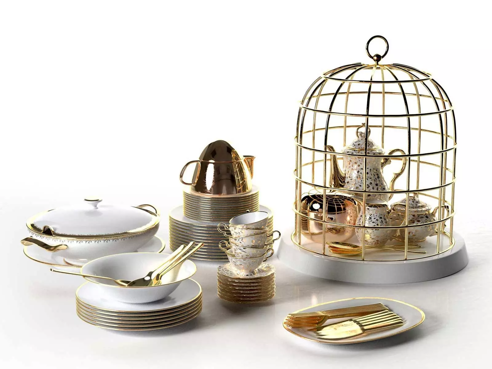 Tureen Stacks of Plates Cutlery and Cage Tea Set 3D model_0