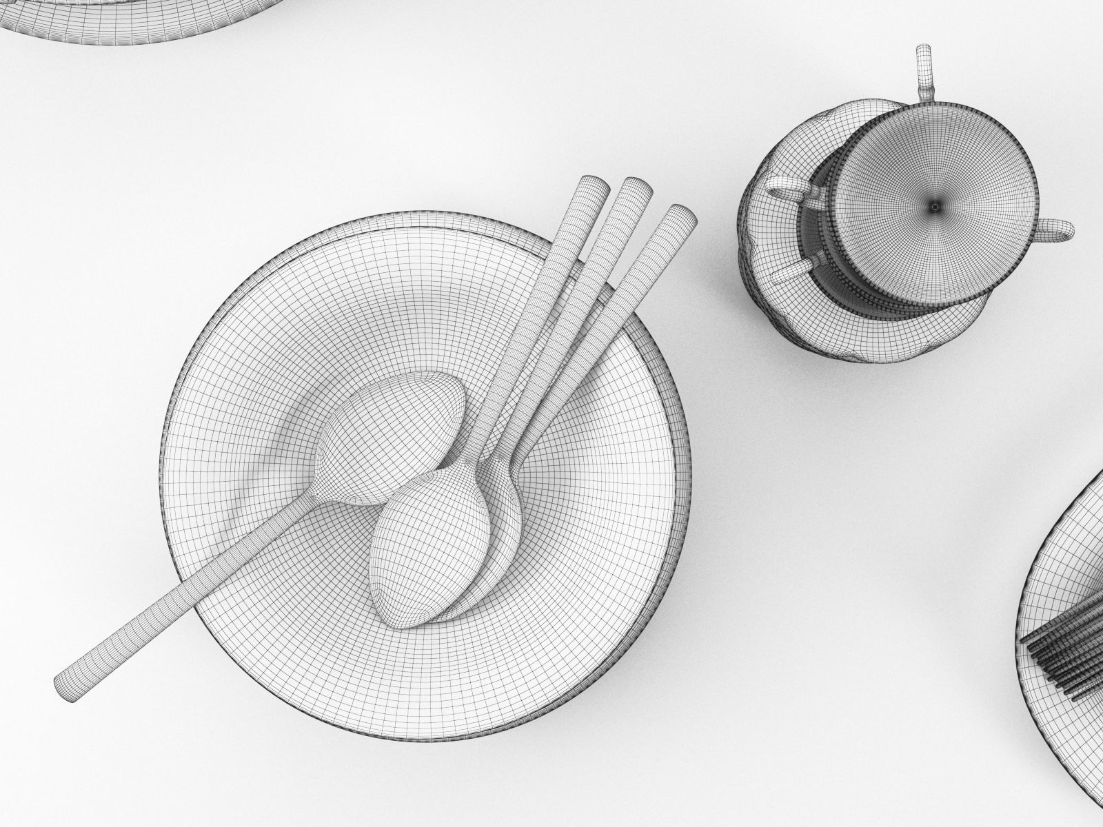 Tureen Stacks of Plates Cutlery and Cage Tea Set 3D model_3