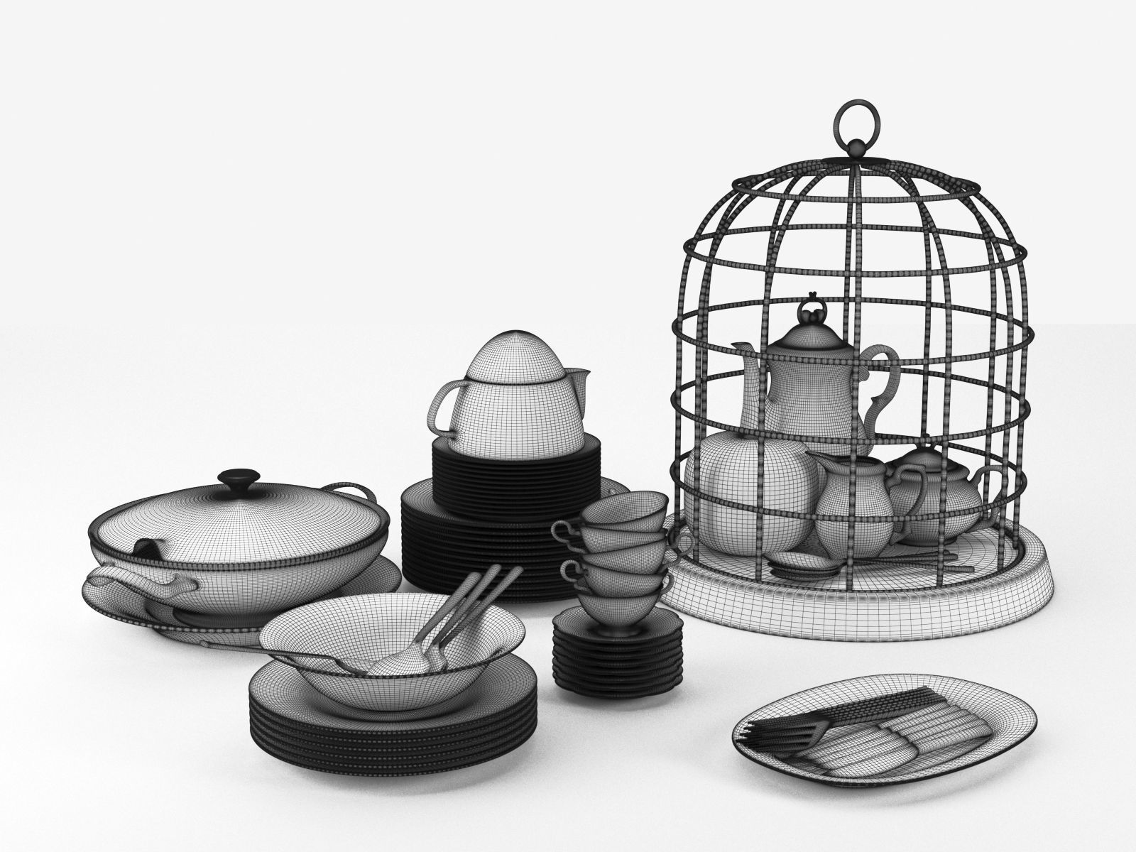 Tureen Stacks of Plates Cutlery and Cage Tea Set 3D model_1