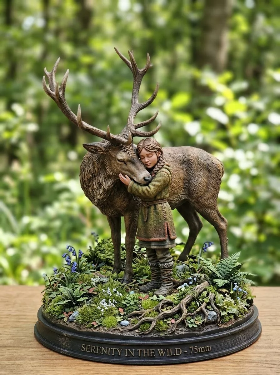 Serenity In The Wild Girl Embracing Stag Deer Forest Diorama 3D print model
