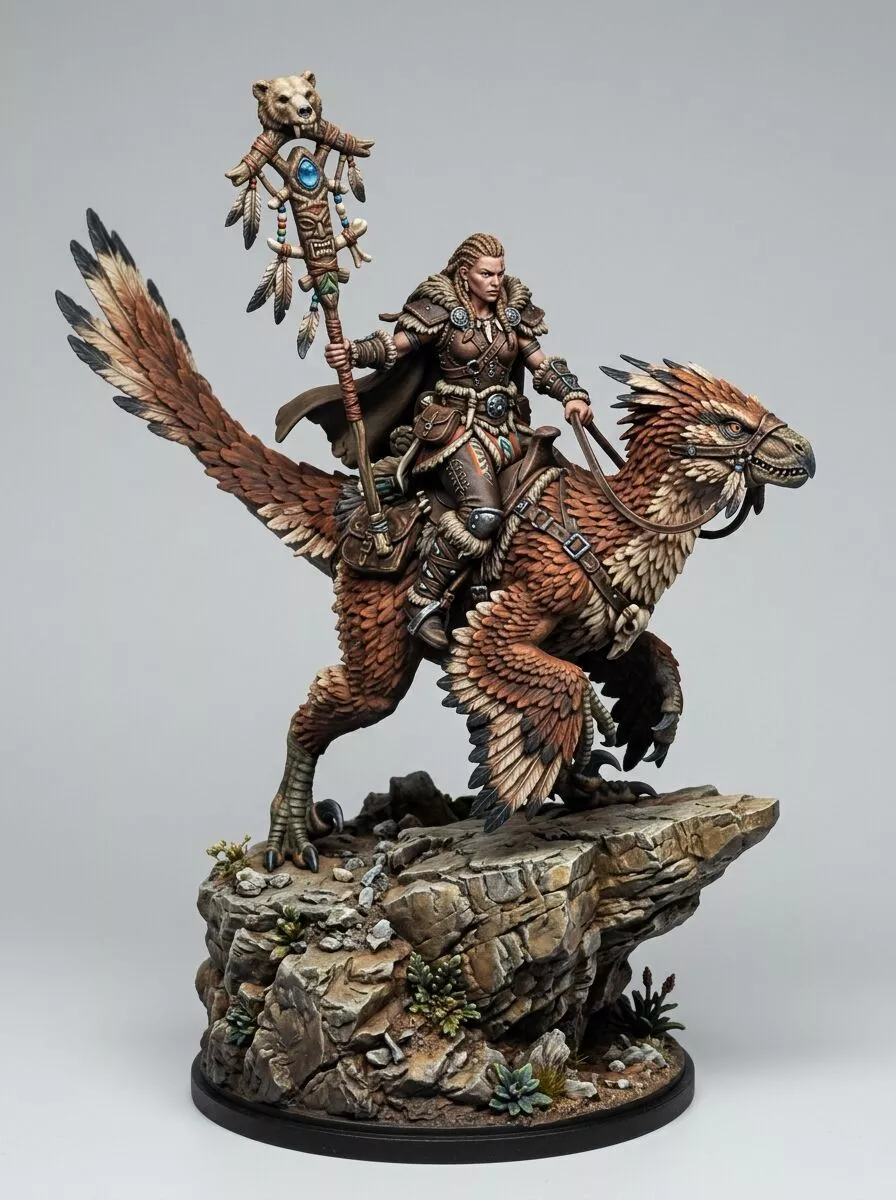 Female Shaman Raptor Rider Feathered Beast Cavalry Miniature 3D print model