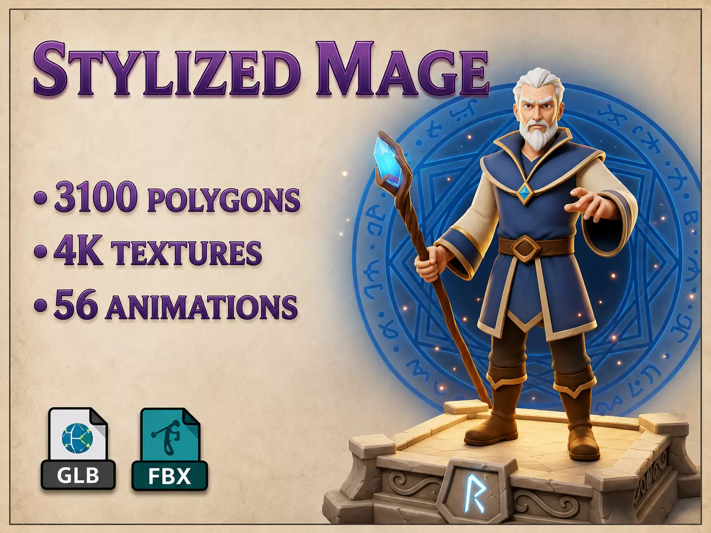 Stylized Mage Animated Wizard Character Low-poly 3D model