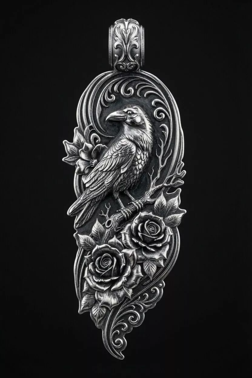 Gothic Raven and Roses Pendant STL Raven Floral Jewelry 3D print model