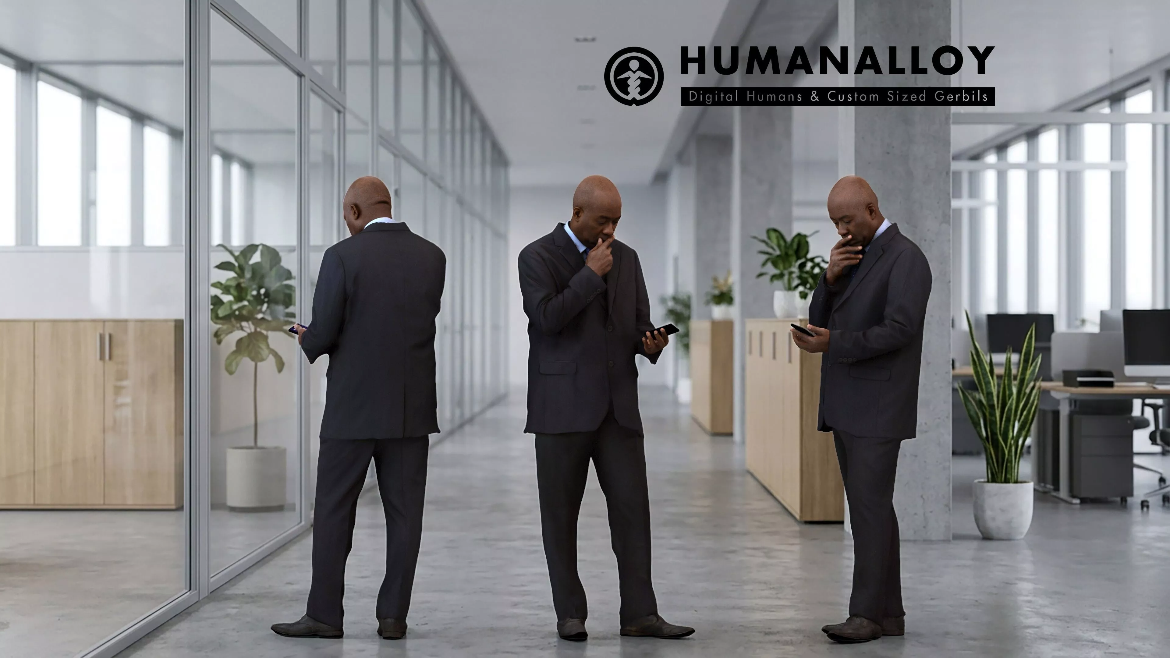 Adult Black male standing in office with smartphone 3D model