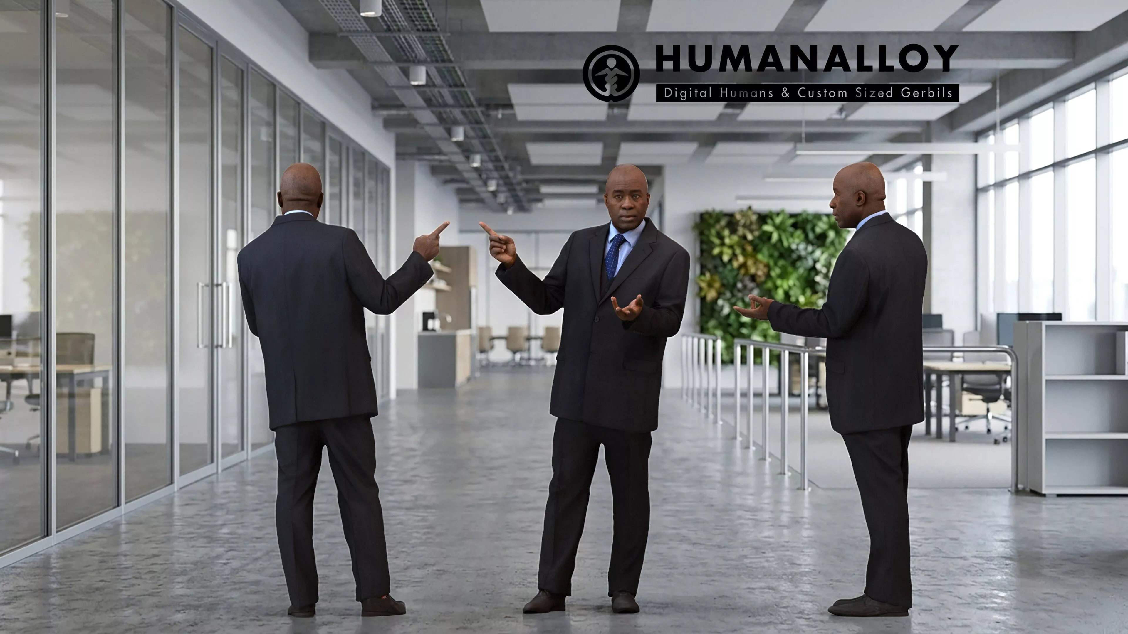 Adult Black male presenting in office wearing transitional 3D model
