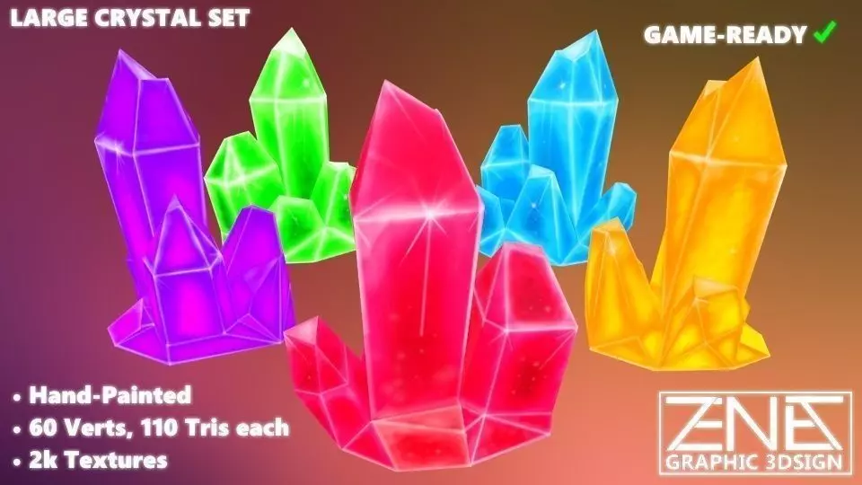 Game-Ready Crystal Rock Collection Red Orange Green Blue Purple Low-poly 3D model
