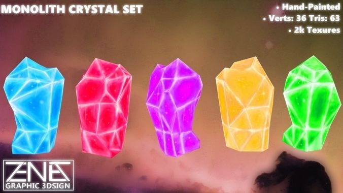Game-Ready Monolith Crystal Set  -- Blue Orange Purple Red Green 3D model