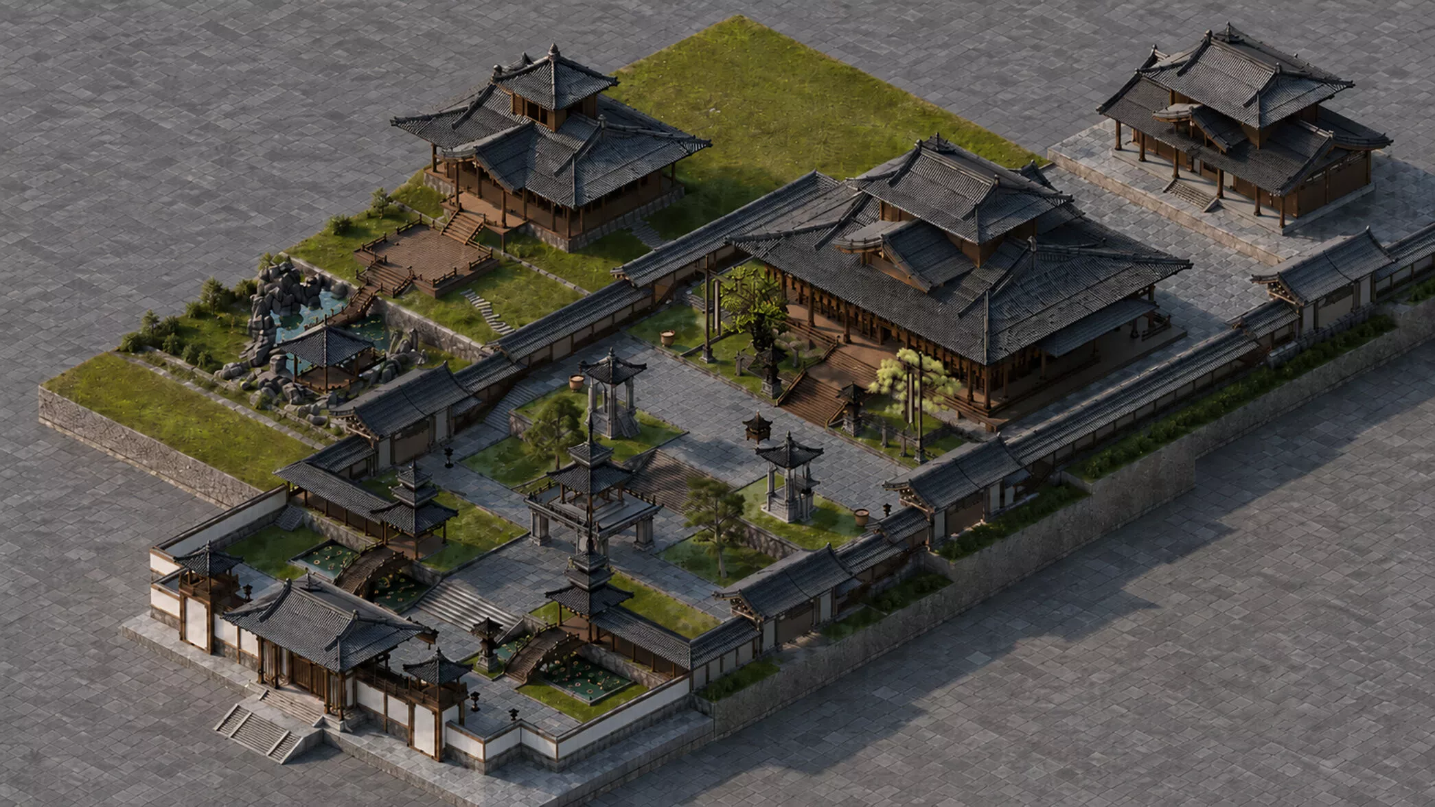 Traditional East Asian Temple Complex 3D model