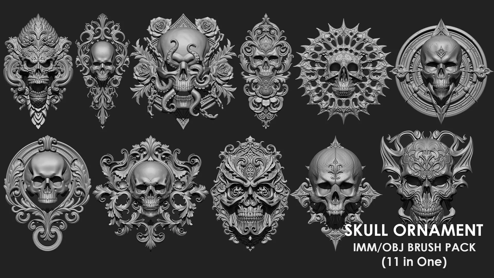 SKULL ORNAMENT 11 IN ONE IMM OBJ BRUSH 3D model