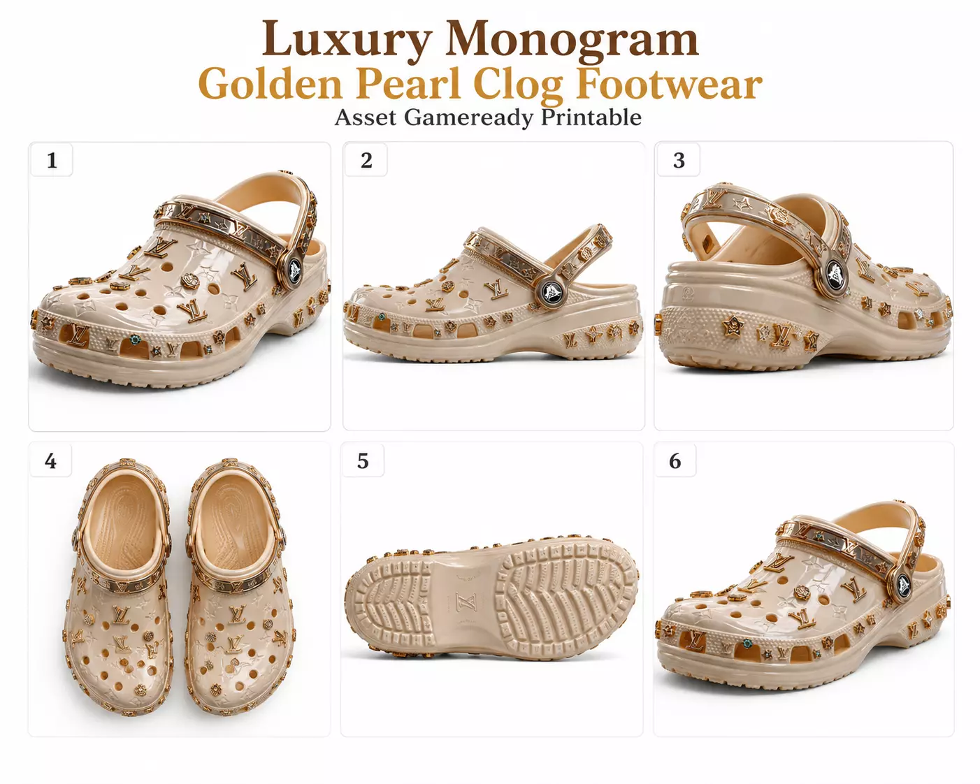 Luxury Monogram Golden Pearl Clog Footwear Asset -Pairs- 3D print model
