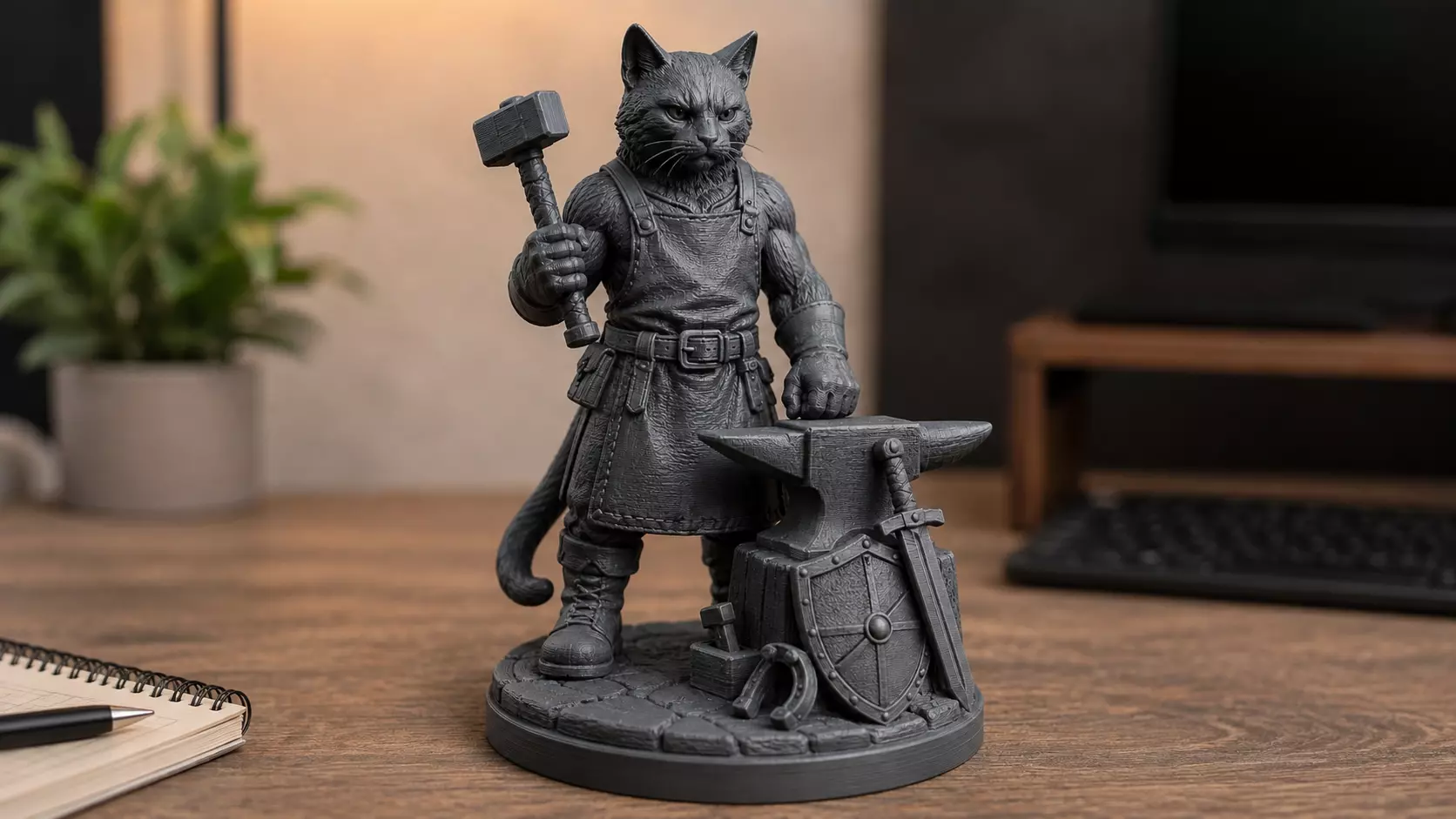 Cat Blacksmith Figurine Collectible Fantasy Statue 3D print model