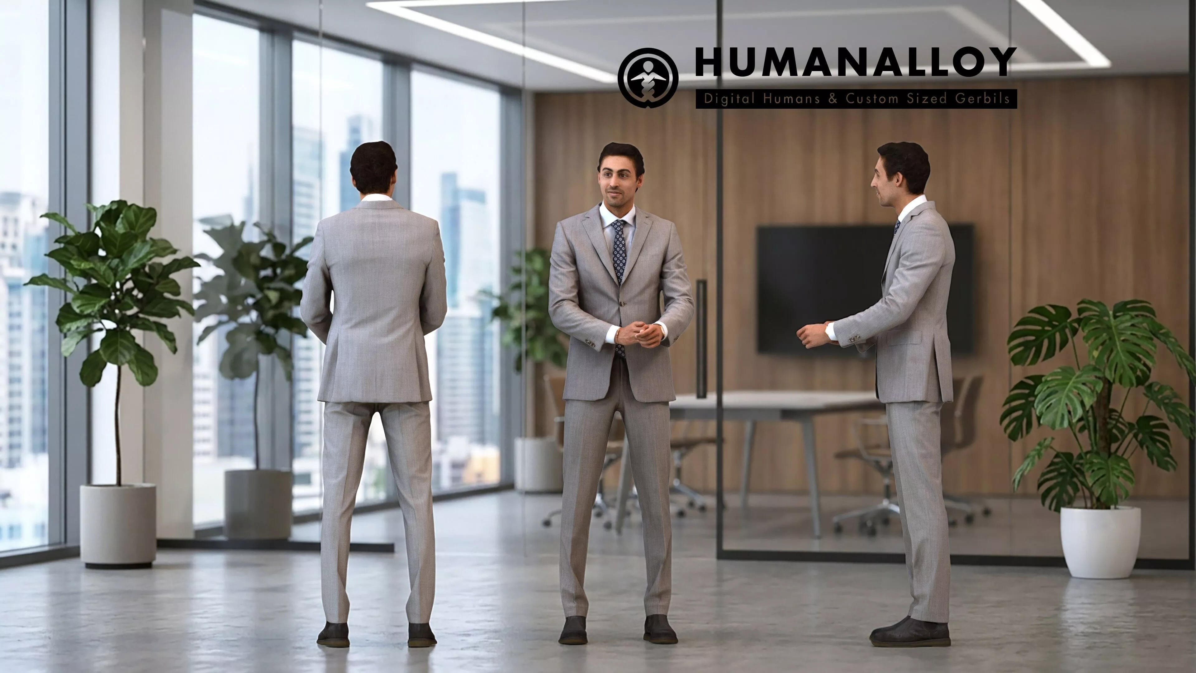 Adult Middle Eastern man presenting in office wearing autumn or 3D model