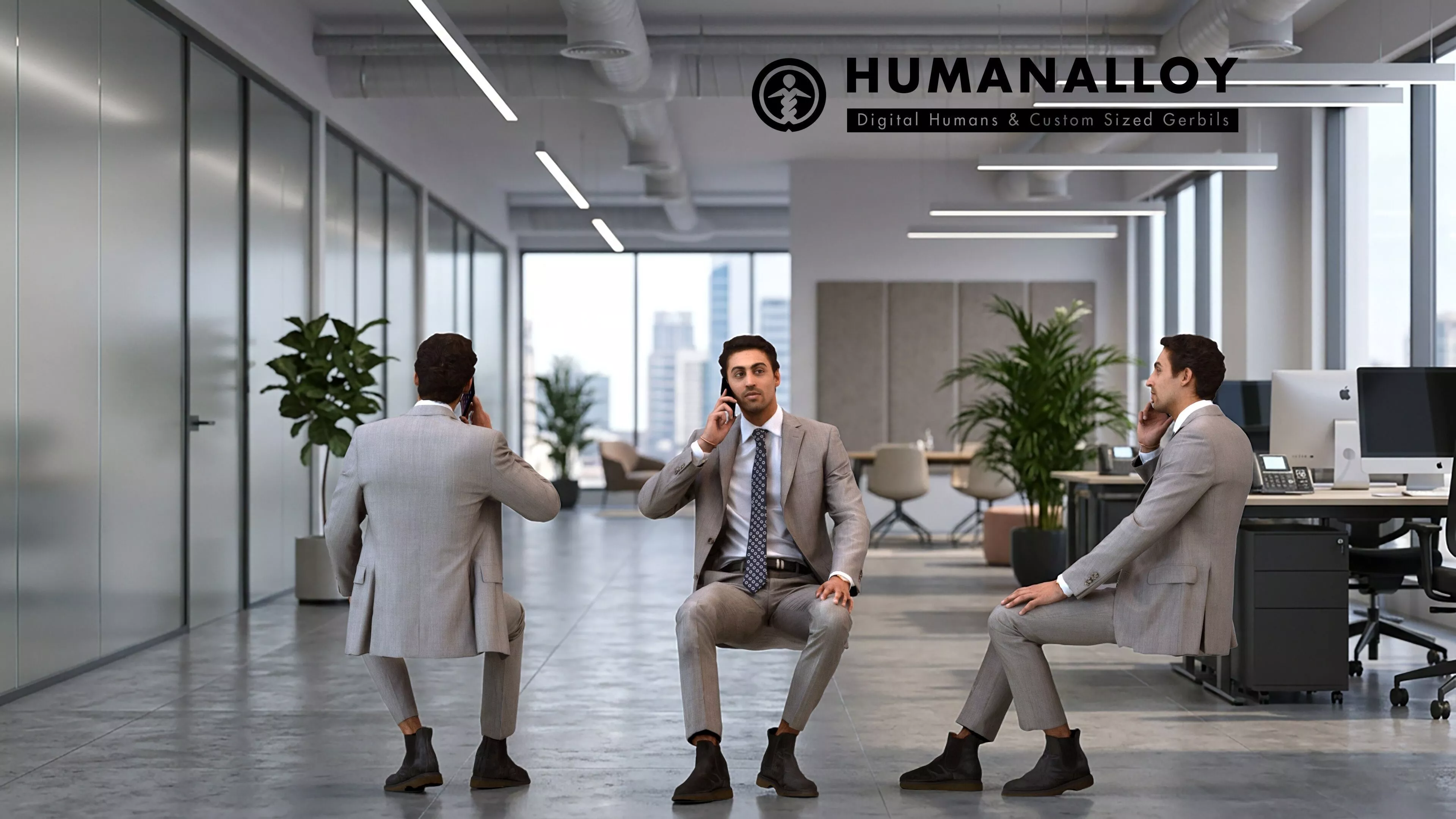 Adult Middle Eastern man calling in office wearing transitional 3D model