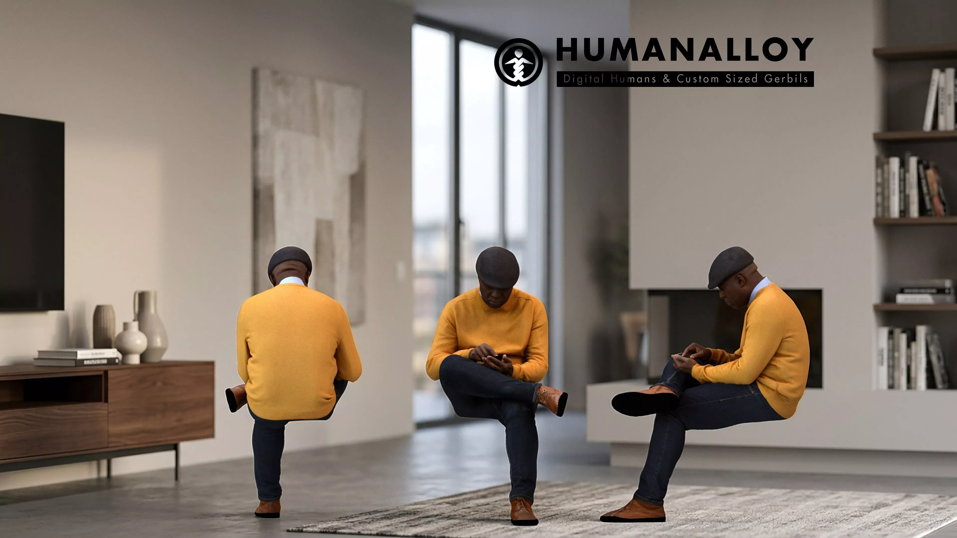 Adult Black male sitting at home with smartphone in 3D model