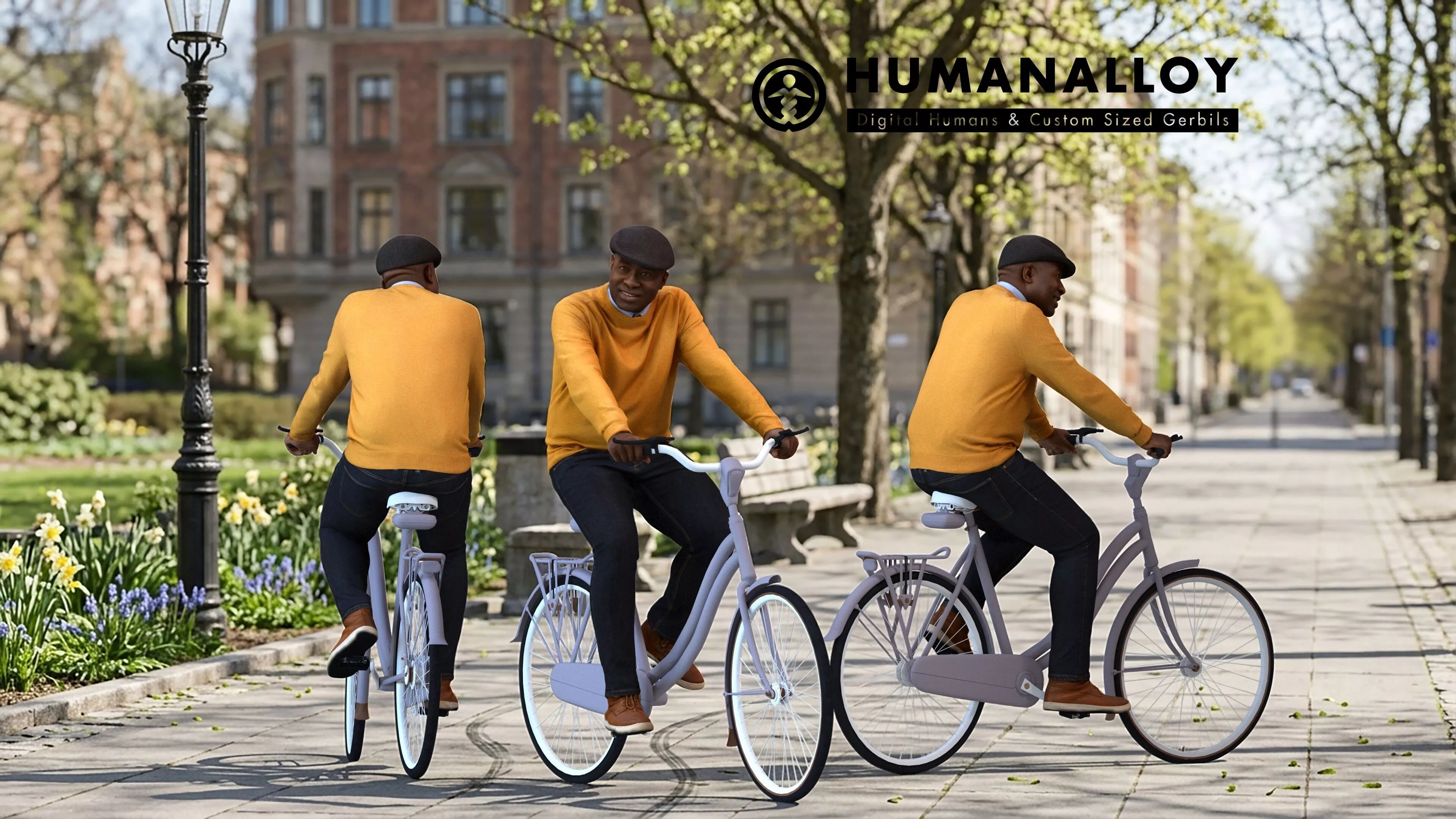 Adult black man cycling through public space in transitional 3D model