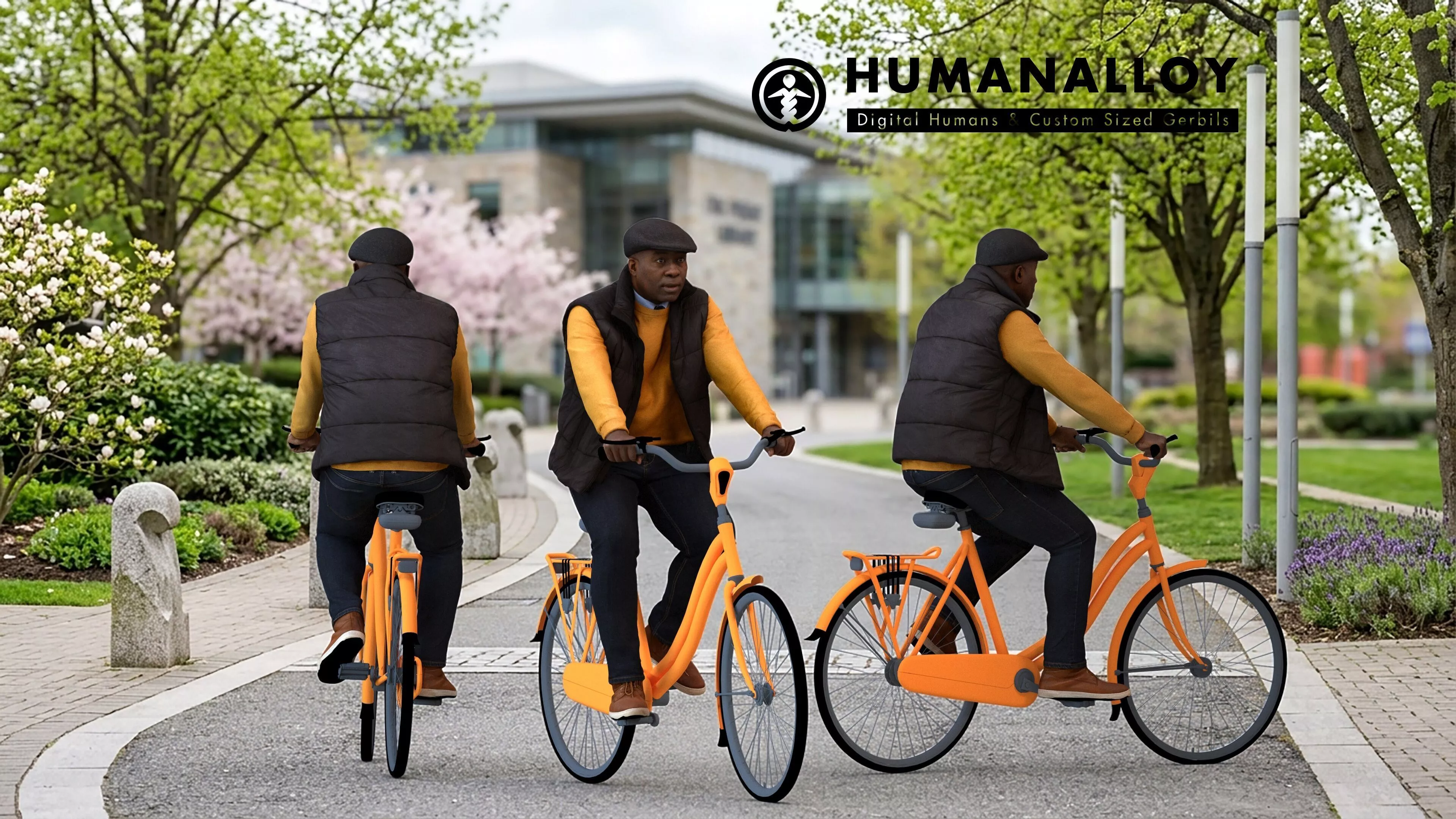 Adult Black man cycling through public space in transitional 3D model