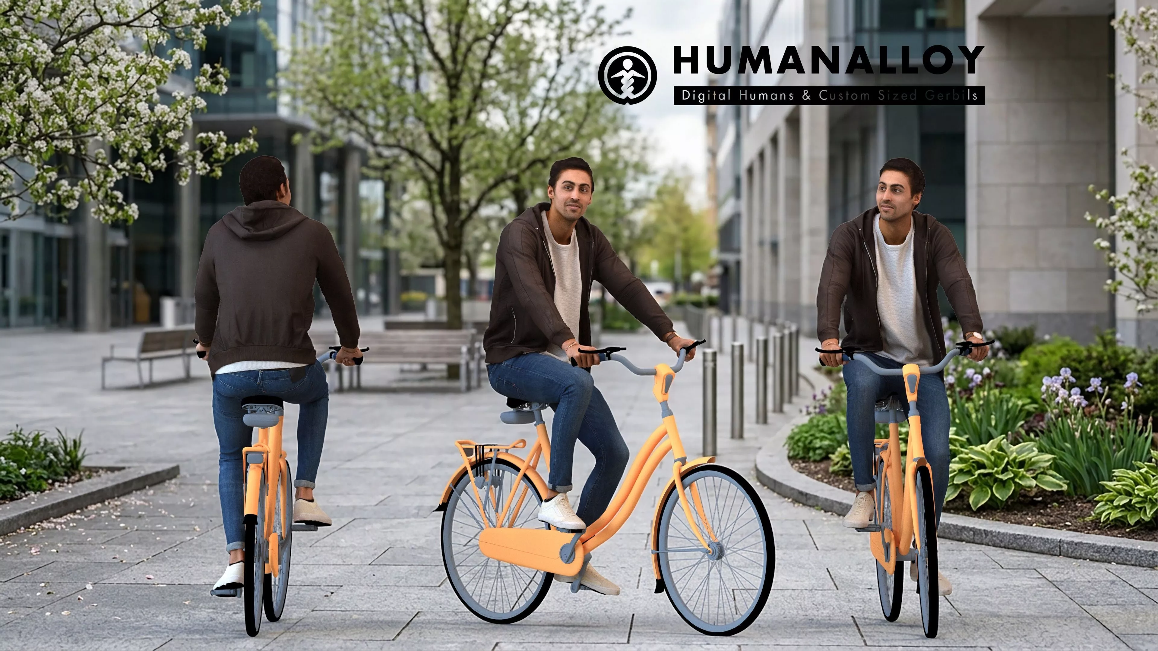 Adult Middle Eastern man cycling through public space in 3D model