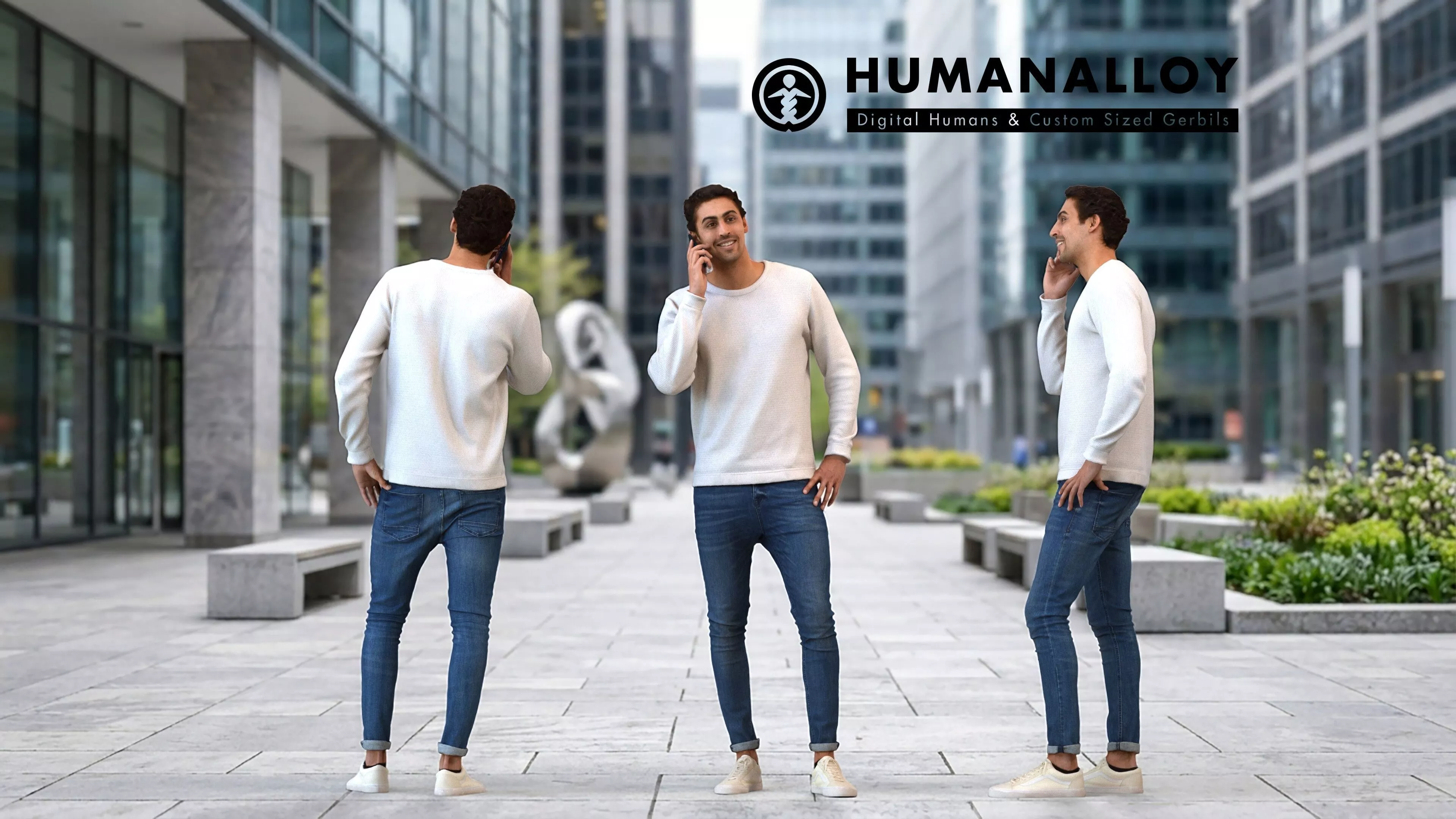 Adult Middle Eastern man calling in public wearing transitional 3D model