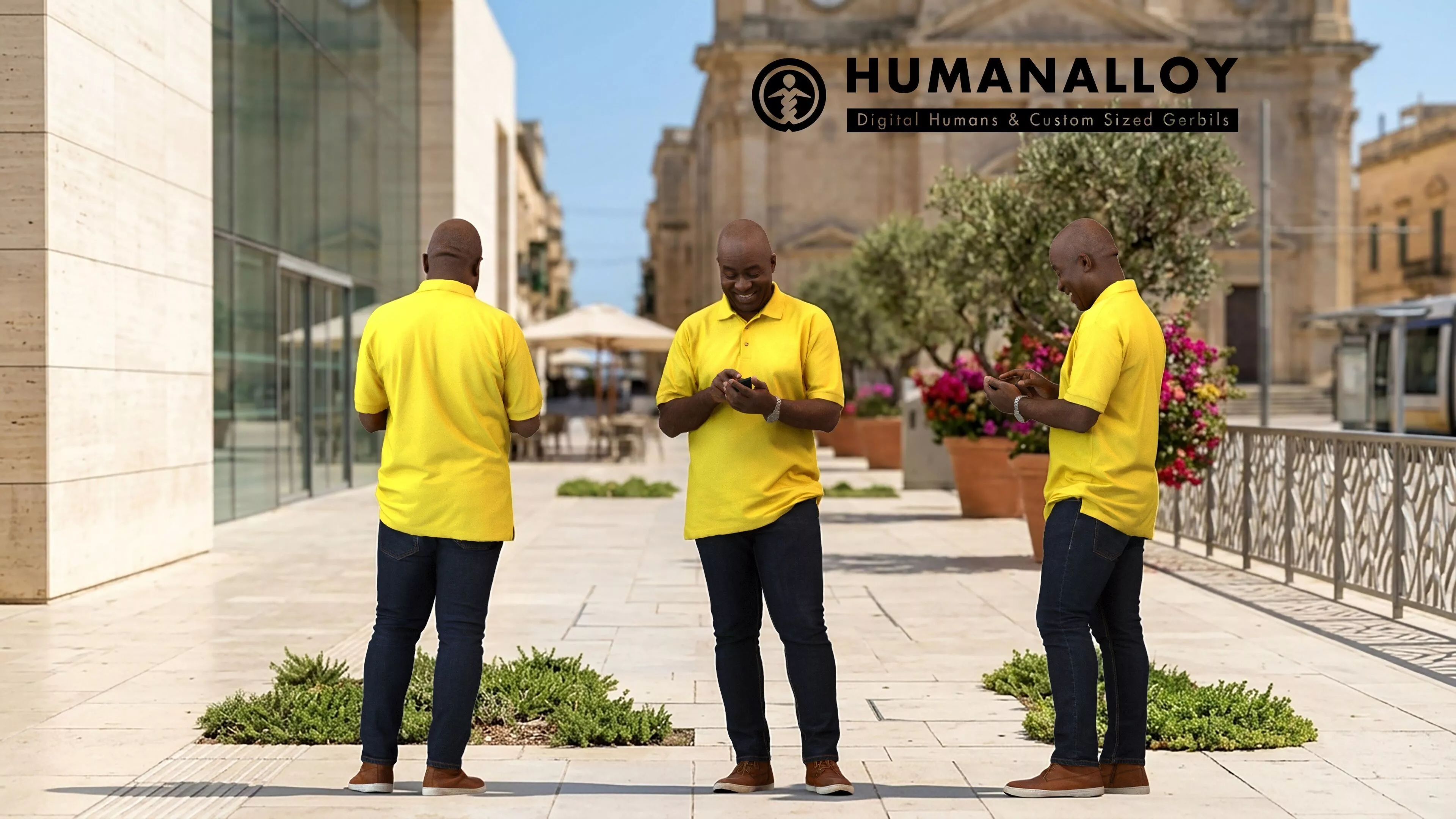 Adult Black male standing outdoors with smartphone in casual 3D model