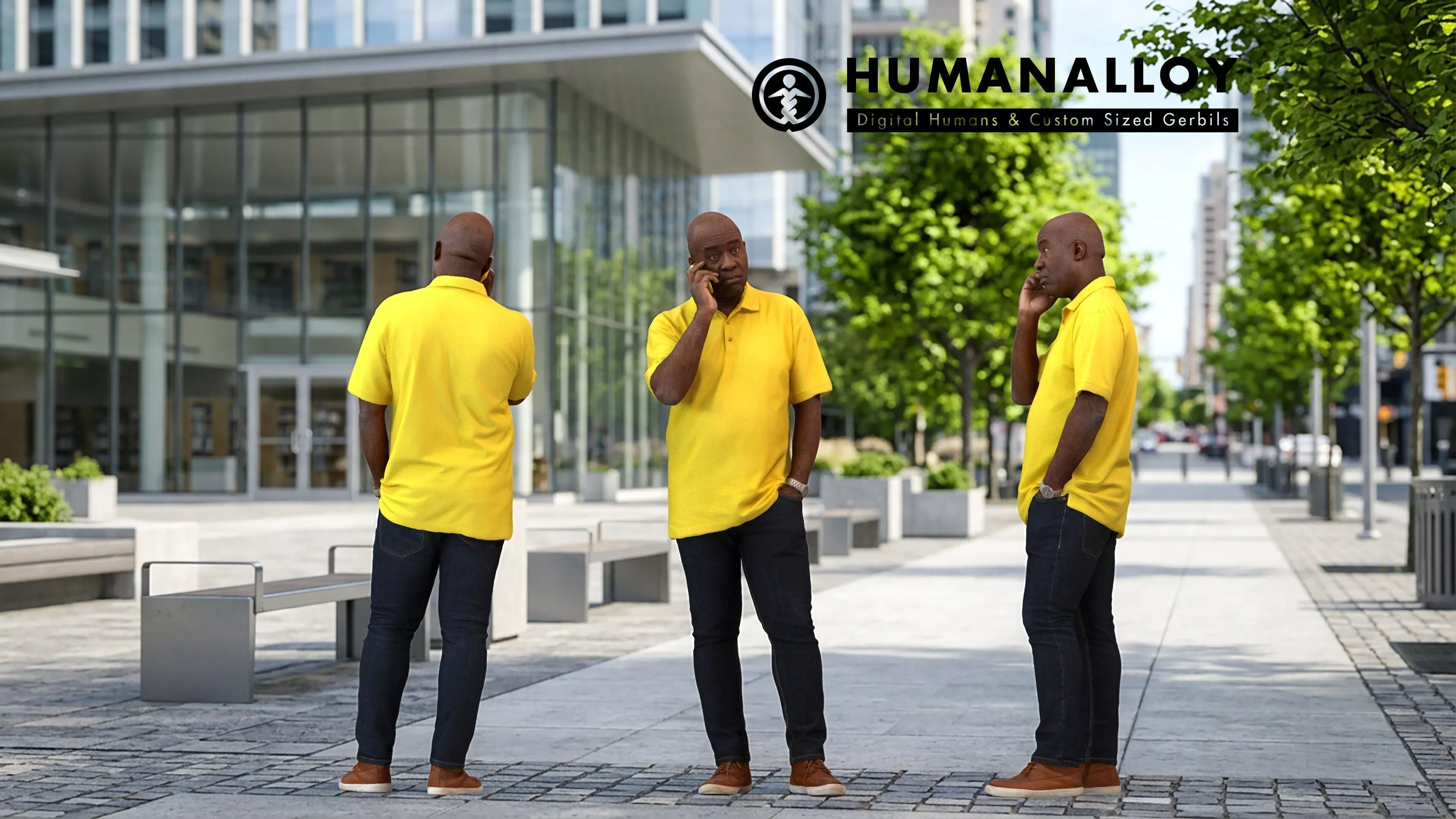 Adult Black male calling on smartphone in public space 3D model