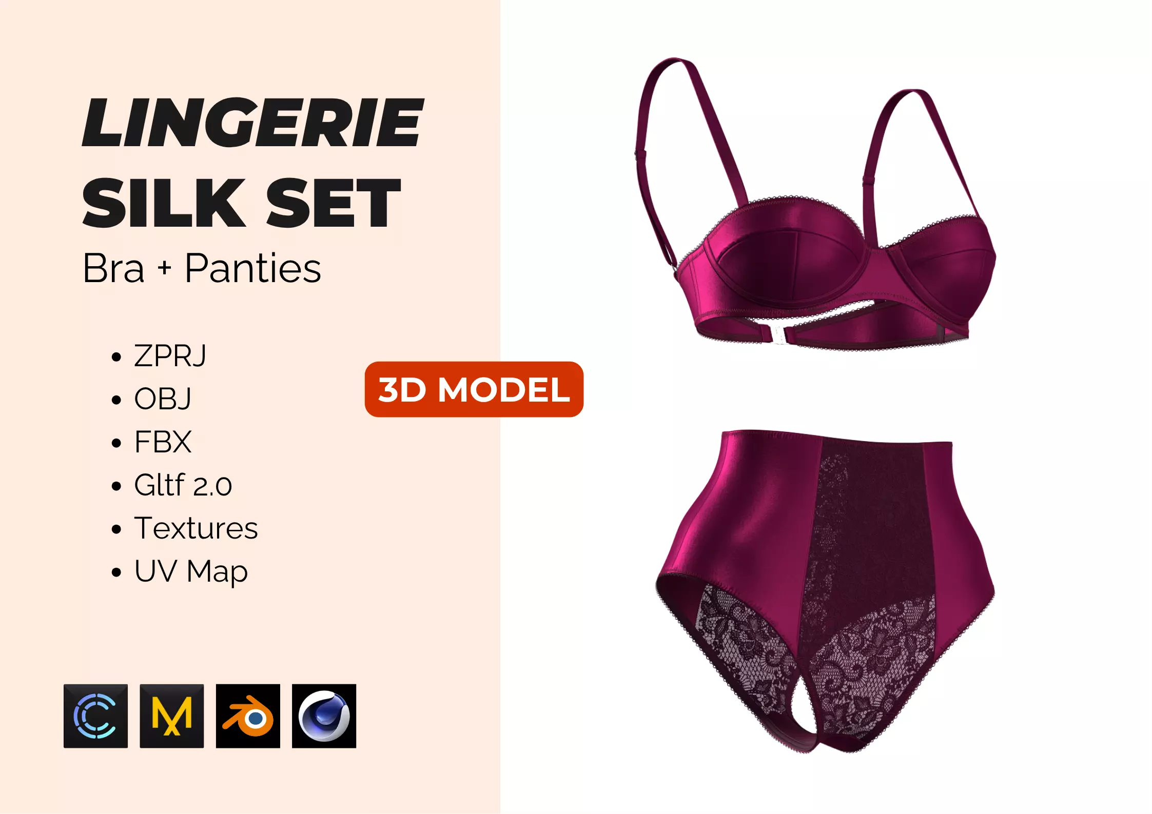 Silk Lingerie Set - Bra and Panties 3D model