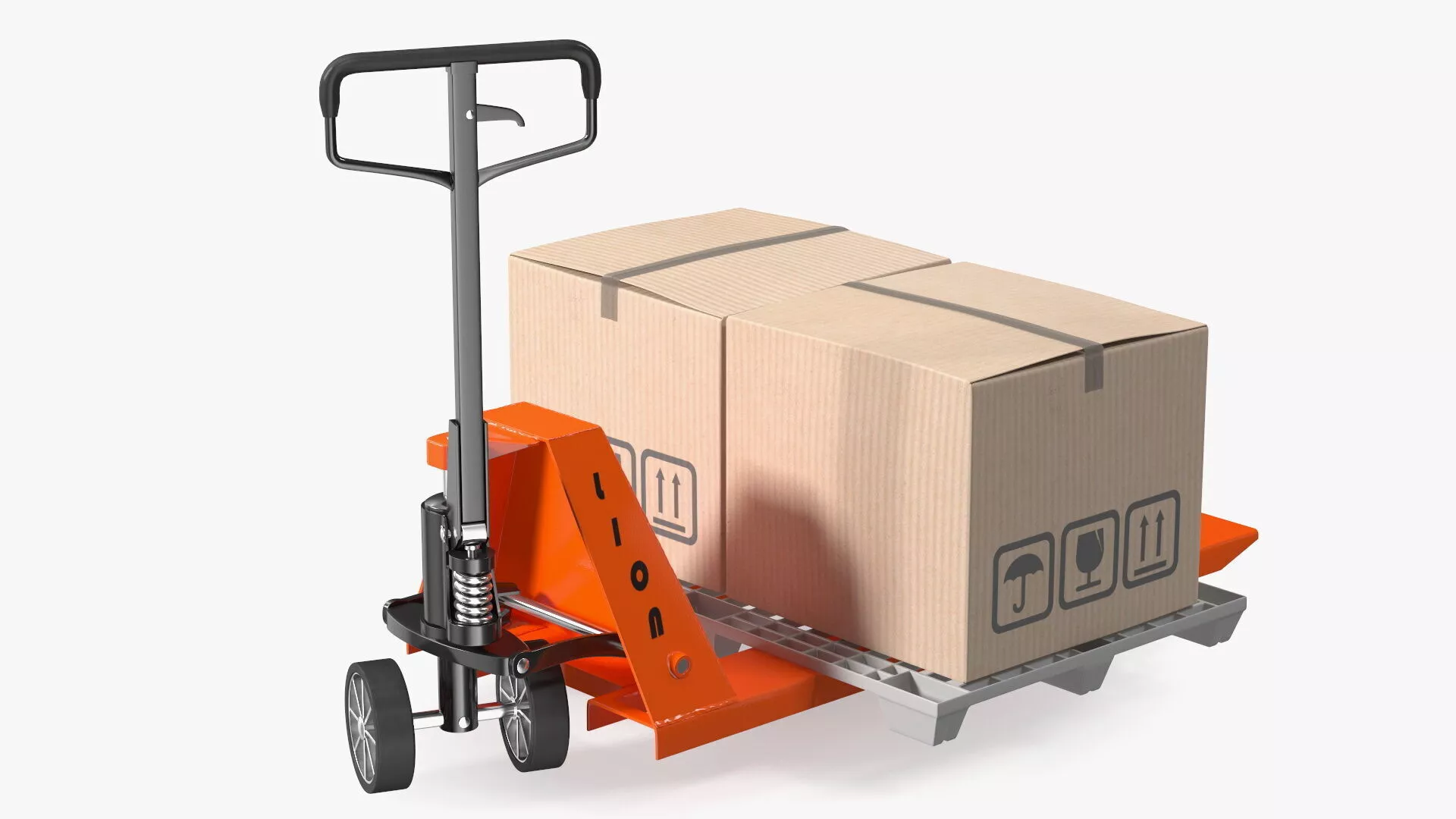 Lion Premium Hand Pallet Truck with Boxes Rigged 3D model