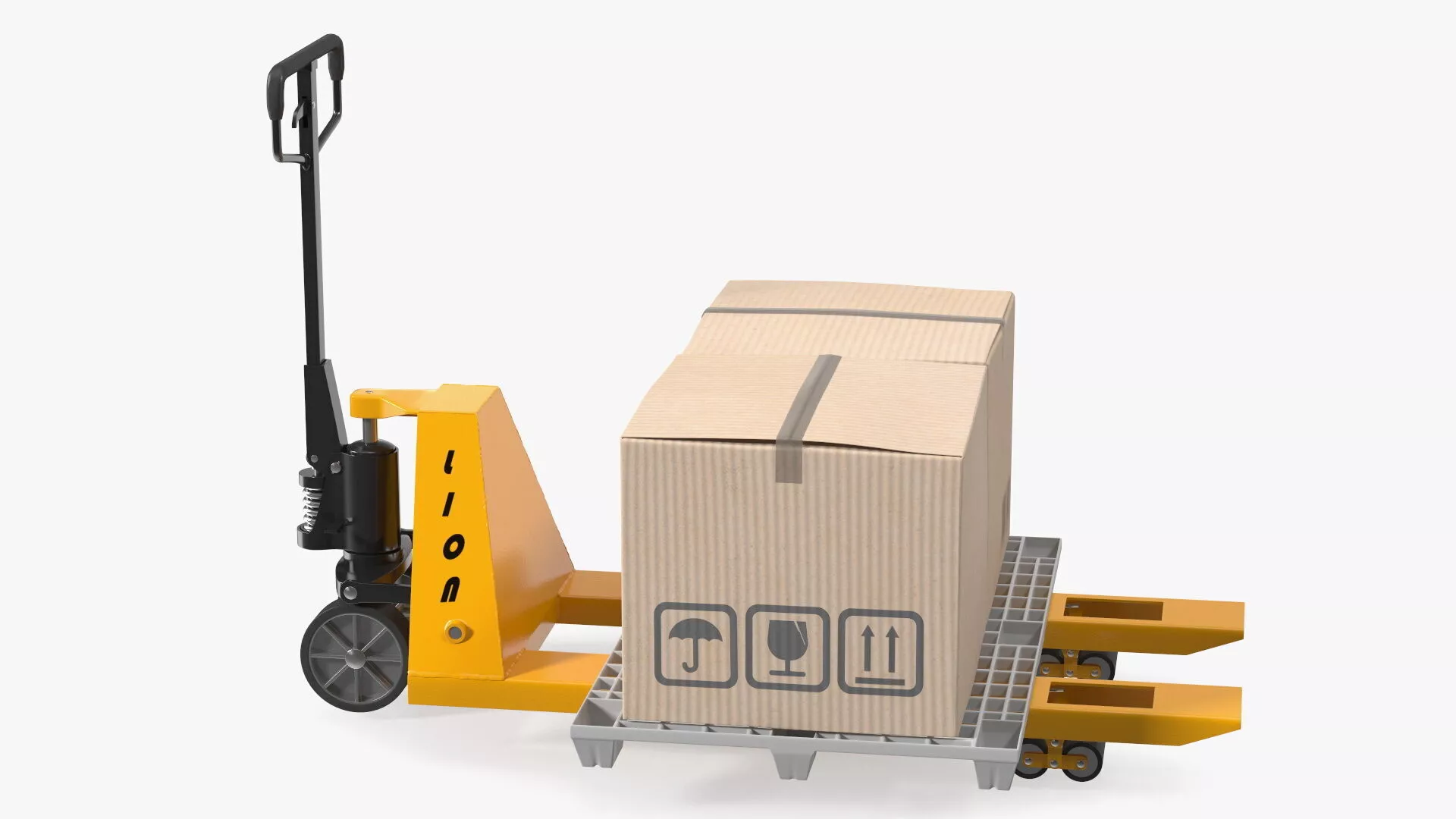 Hand Pallet Truck Lion with Boxes Rigged 3D model
