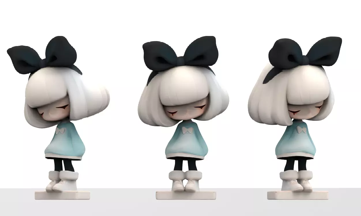 Cute Chibi White Hair Girl with Big Black Bow Figurine 3D print model