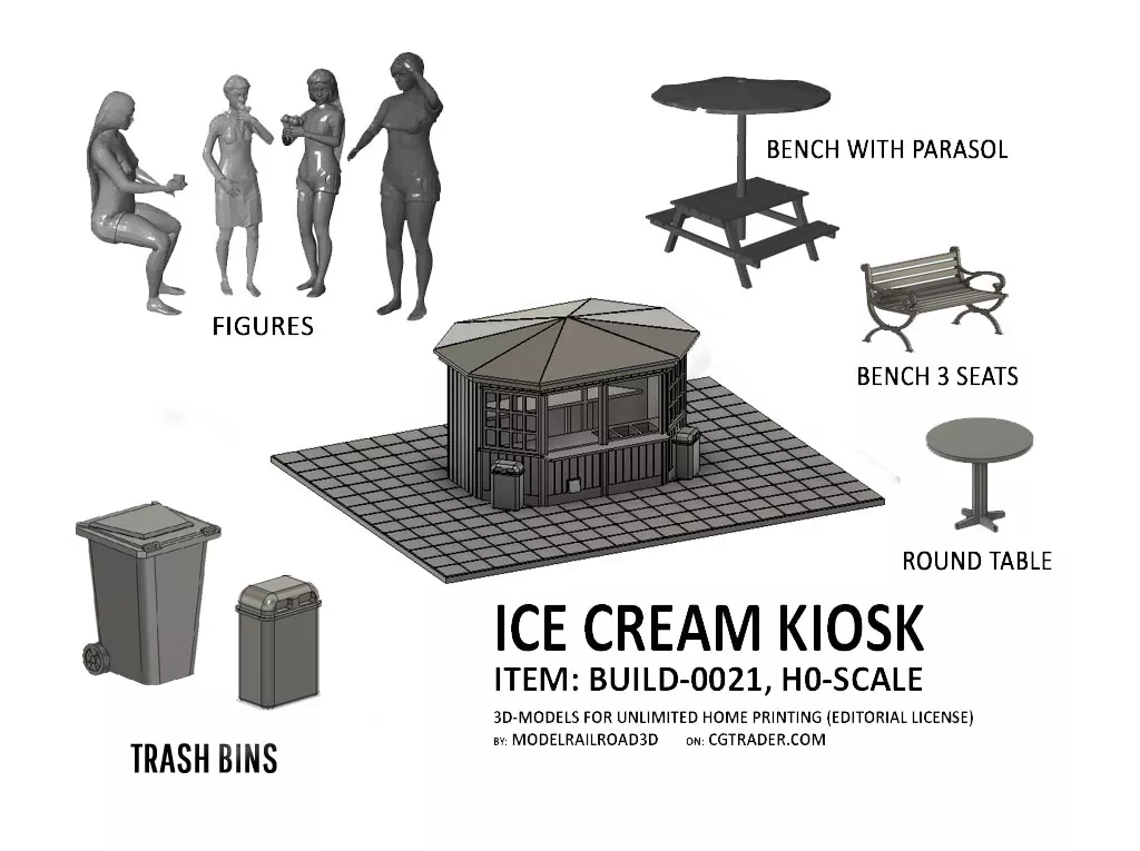 BUILD-0021 Ice Cream Kiosk H0-scale 10 items 3D print model