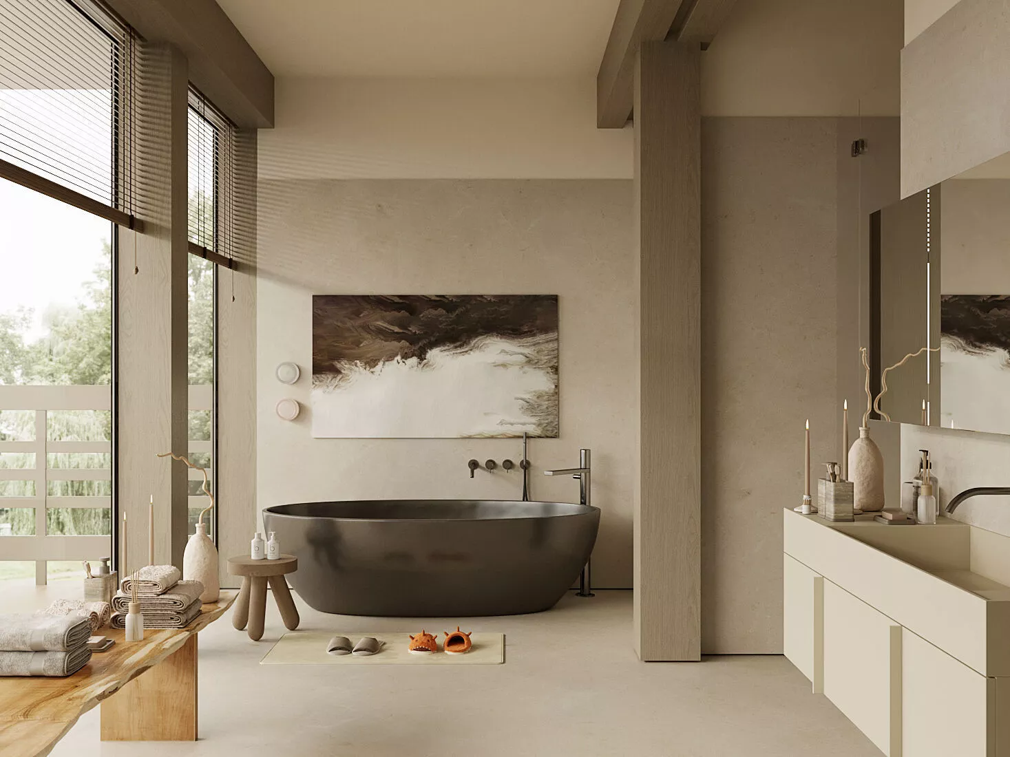 Mid Century Wabi Sabi Micro Cement Bathroom Interior Scene 3D model