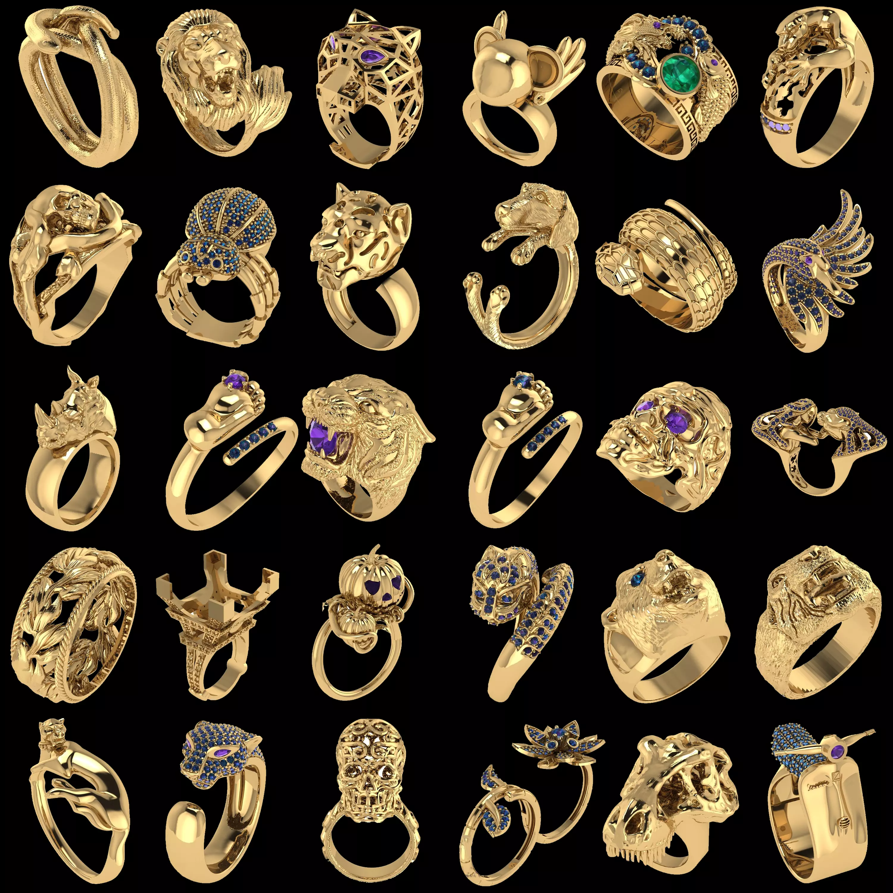 30 Animal Skull Lion Ring CAD Pack STL and 3DM Bundle Pack 3D print model
