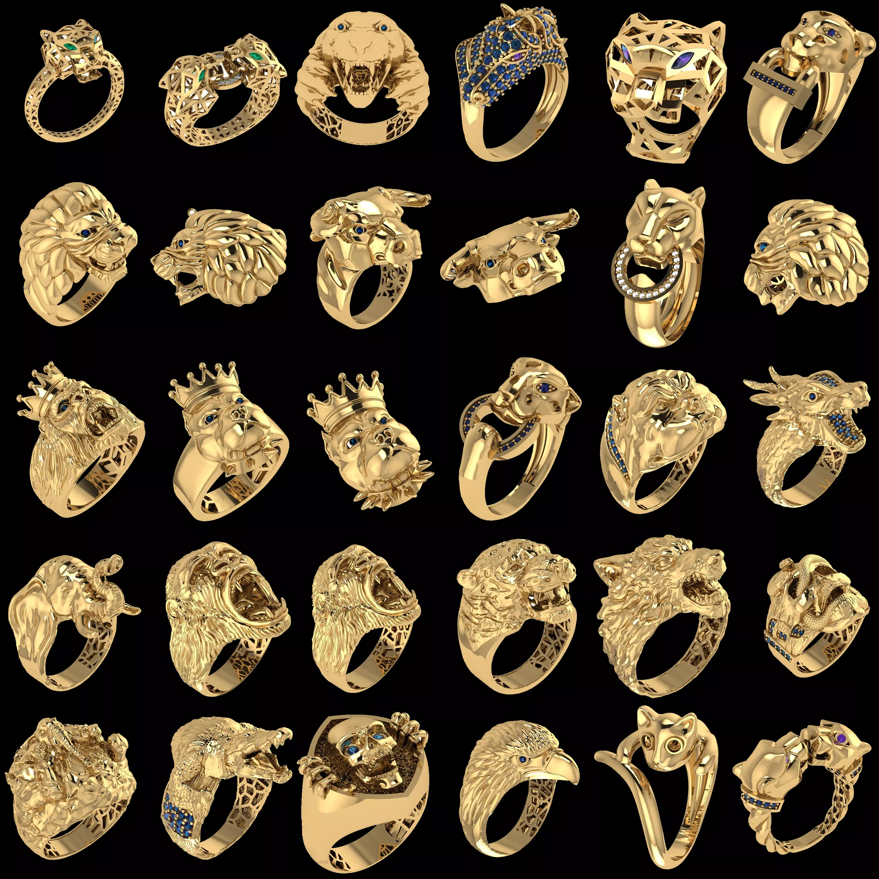 30 Animal Lion Dragon Ring CAD Pack STL and 3DM Bundle 3D print model