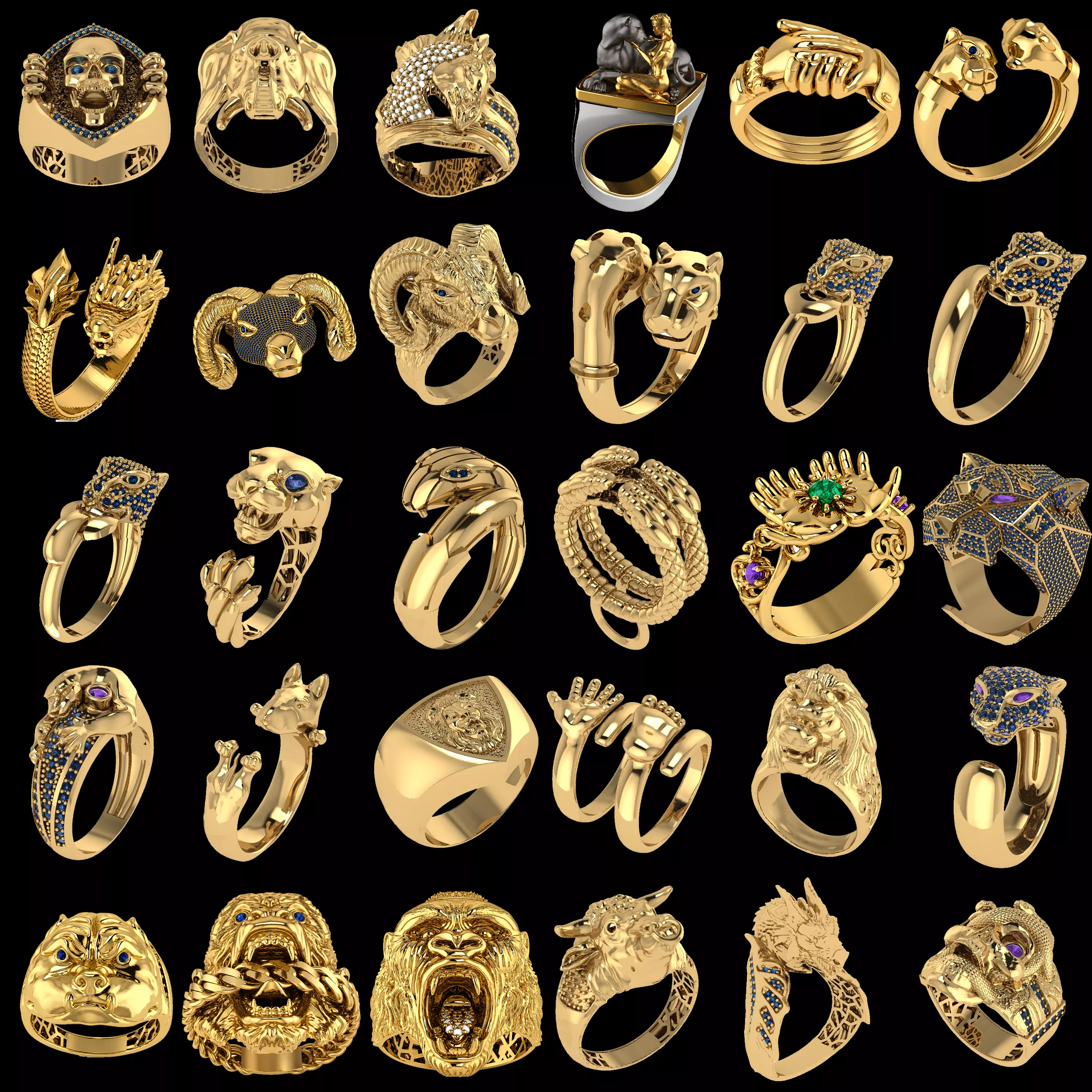 30 Animal Fantasy Ring CAD Pack STL and 3DM Files Bundle 3D print model