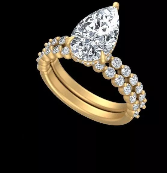 Pear Diamond Engagement Ring with Double Row Matching Band 3D print model