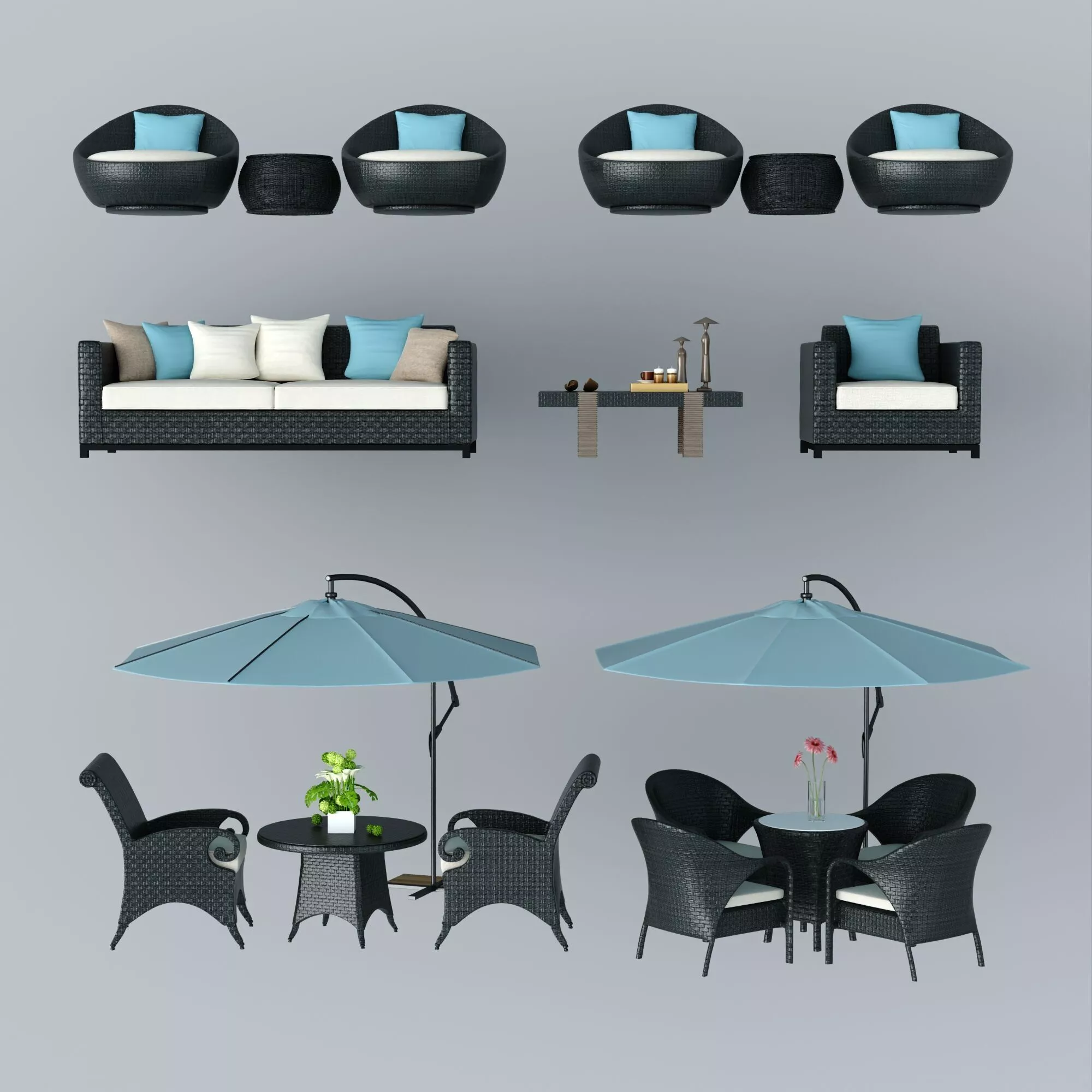Modern Outdoor Rattan Sofa Furniture Set with Umbrella 3D model